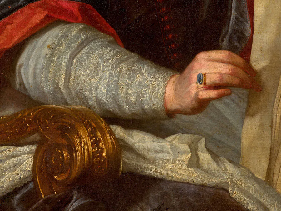 Hyacinthe Rigaud (1659-1743) (détail)
Portrait de Jean de Catelan (1659-1725), évêque de Valence, se tenant devant un portrait du duc de Bourgogne
Huile sur toile (Toile d'origine)
145 x 112 cm
Estimation : 80 000 - 120 000 €