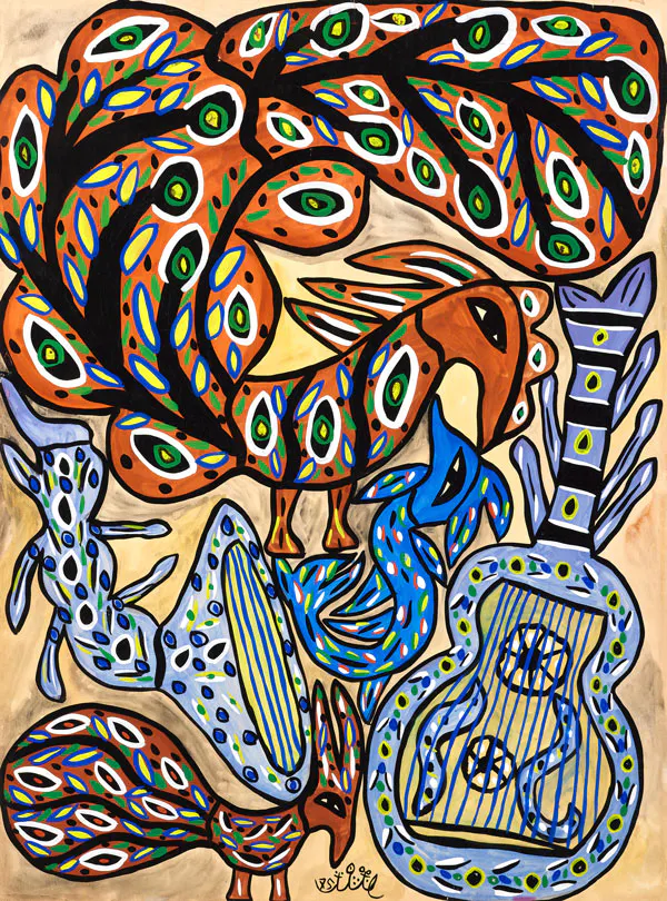 Baya (1931-1998)
Oiseaux et guitares, 1975
Technique mixte sur papier
100 x 75 cm
Estimation : 30 000 - 40 000 € / 330 000 - 440 000 MAD 