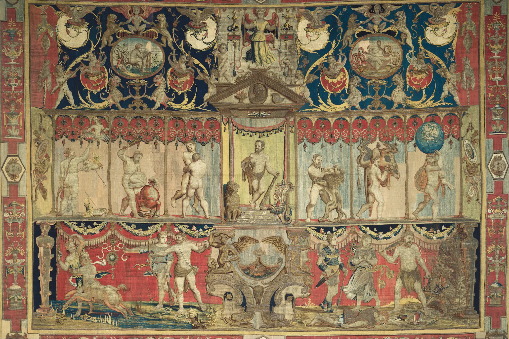 Design attributed to Raphael (Raffaello Sanzio orSanti) (Italian, Urbino 1483–1520 Rome)The Triumph of Hercules, ca. 1540Wool, silk, and gilt-metal- and silver-wrapped thread 15 ft. 11 5/16 in. x 21 ft. 1 15/16 in. (486 × 645 cm) Royal Collection Trust / © Her Majesty Queen Elizabeth II 2022 