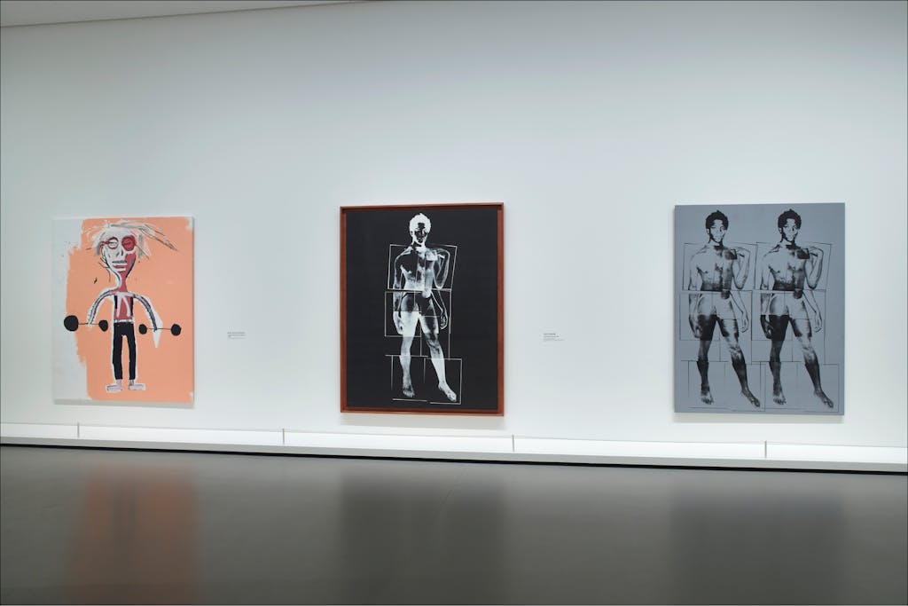 Installation View - Painting Four Hands at the Louis Vuitton Foundation. 
From Left to Right: 
Jean-Michel Basquiat
Untitled (Andy Warhol with Barbells), vers / c. 1984
 Acrylic and oilstick on canvas
228,6 × 193 cm
Private collection

Andy Warhol
Jean-Michel Basquiat, 1984
 Acrylic and silkscreen ink on linen
228,6 × 177,8 cm
The Andy Warhol Museum, Pittsburgh
Founding Collection, Contribution The Andy Warhol Foundation for the Visual Arts, Inc.
1998.1.498

Andy Warhol
Portrait of Jean-Michel Basquiat as David, 1984
Synthetic polymer paint and silkscreen ink on canvas
228,6 × 176,5 cm
Collection Norman et Irma Braman / Collection of Norman and Irma Braman