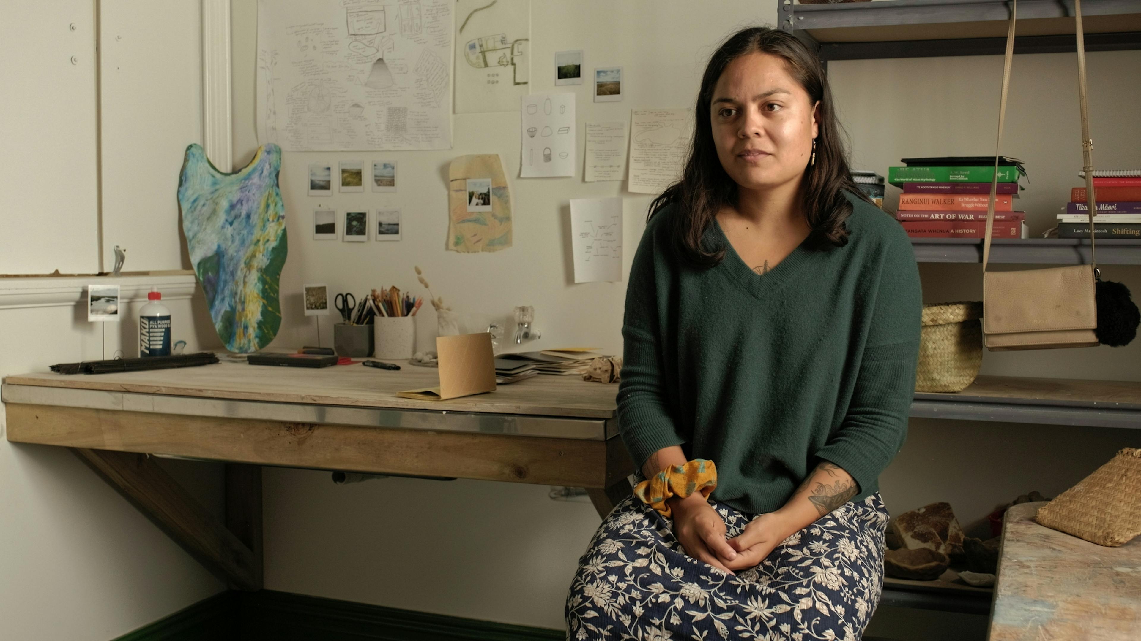 New Zealand Maori artist Ashleigh Taupaki in her studio in Auckland. 