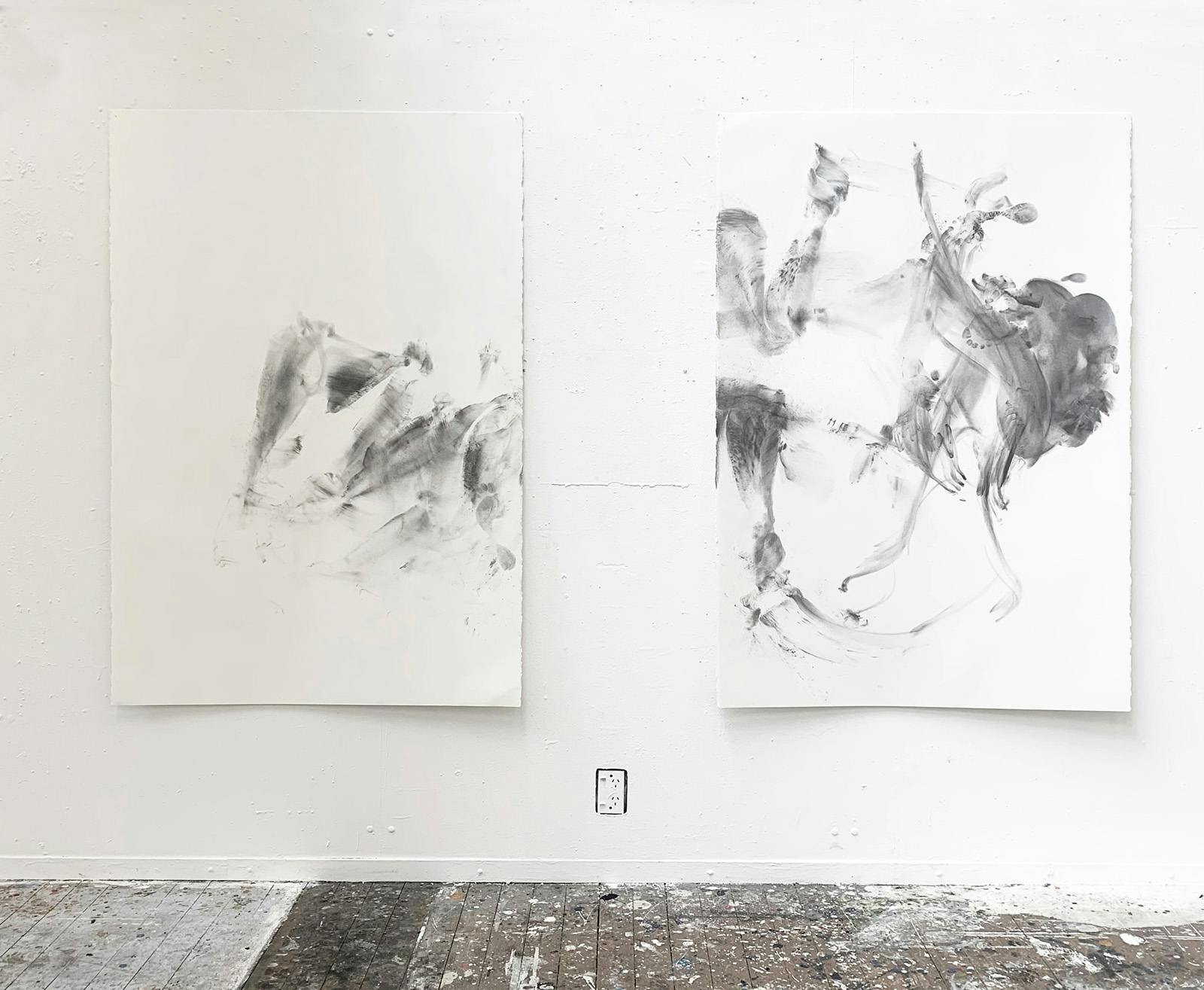 Rush, 2021, Graphite on Lana Aquarelle 640gsm paper, 1520mm (H) x 1050mm (W), Installation view, Rush is on the right, NZ$1,950.00