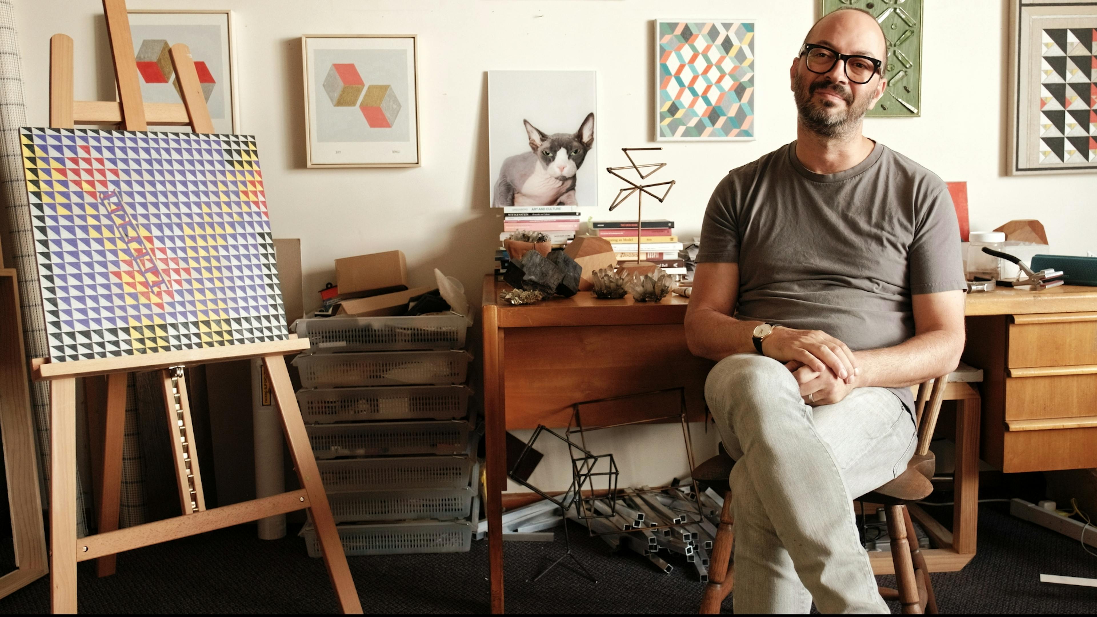 Aotearoa New Zealand artist Bonco in his Tamaki Makaura Auckland studio. Surrounded by his paintings and other curiosities. 