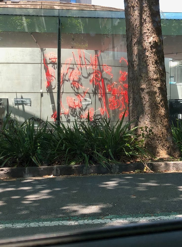 'Colony' captured through the author's car window, December 2021. The shadows cast by the tubes on the concrete wall create a double dance with light.