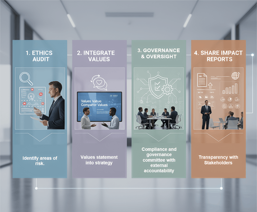 Start building an ethical, credible business with practical steps—conduct ethics audits, embed core values into strategy, set up governance committees, and share transparent impact reports to strengthen stakeholder trust.