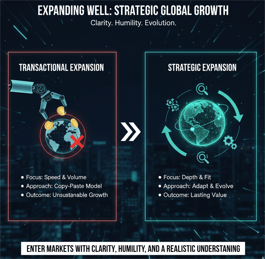 Successful global expansion focuses on clarity, humility, and adapting to local market realities.