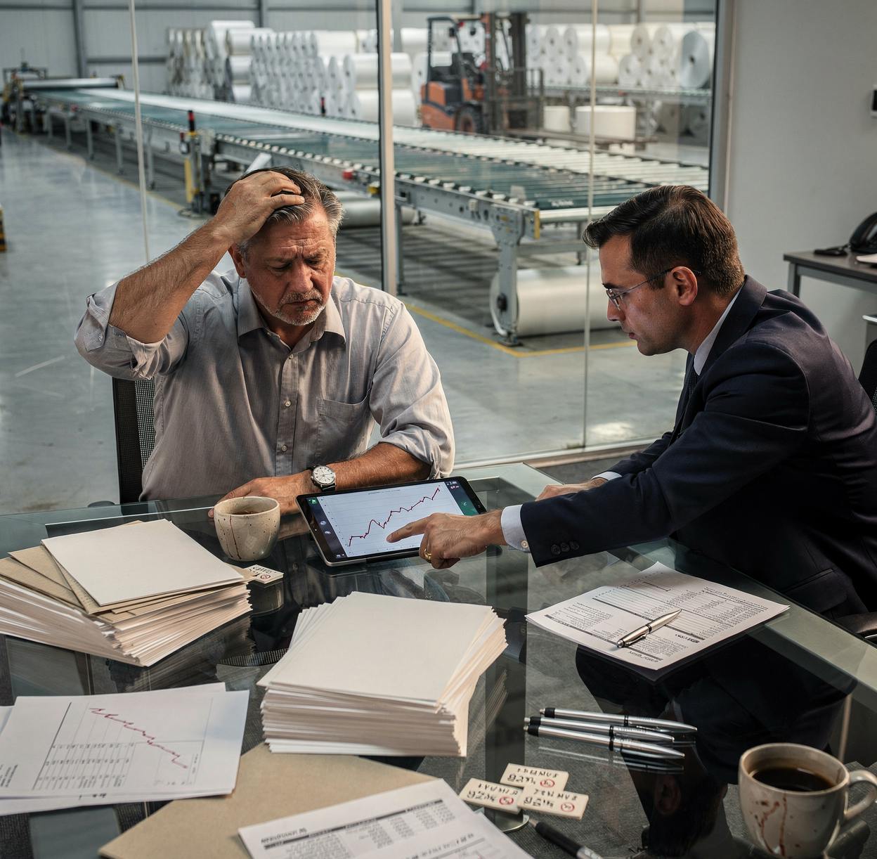 Case study narrative describing a paper manufacturer that secured a major purchase order but lacked working capital to buy raw materials due to 60-day supplier credit terms, risking order fulfillment. It highlights challenges with bank loans and the need for practical, commercially viable financing solutions.