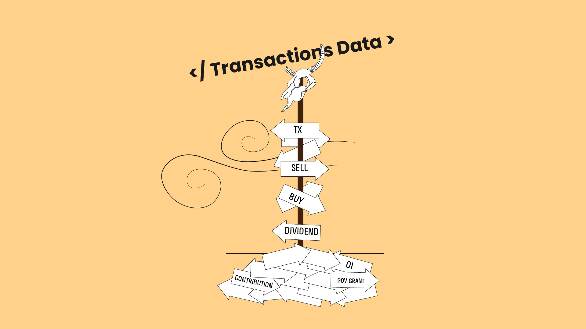 Transaction data types on a broken signpost with skull