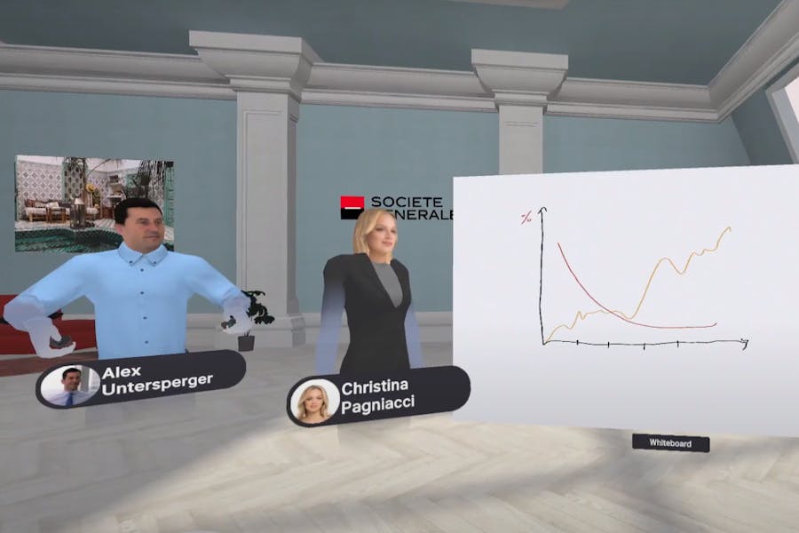 A male and a female avatar during a client discussion using whiteboard in an Arthur VR meeting