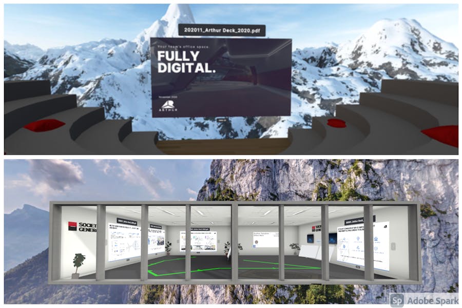 Two virtual meeting spaces. The first with a Powerpoint presentation and an auditorium and the second with a Powerpoint presentation spread across the room for an interactive walk-through.