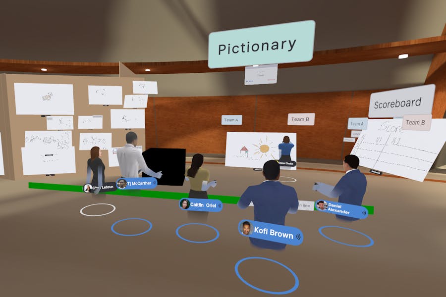 A remote team building session in VR featuring whiteboards, text labels, and 3D objects