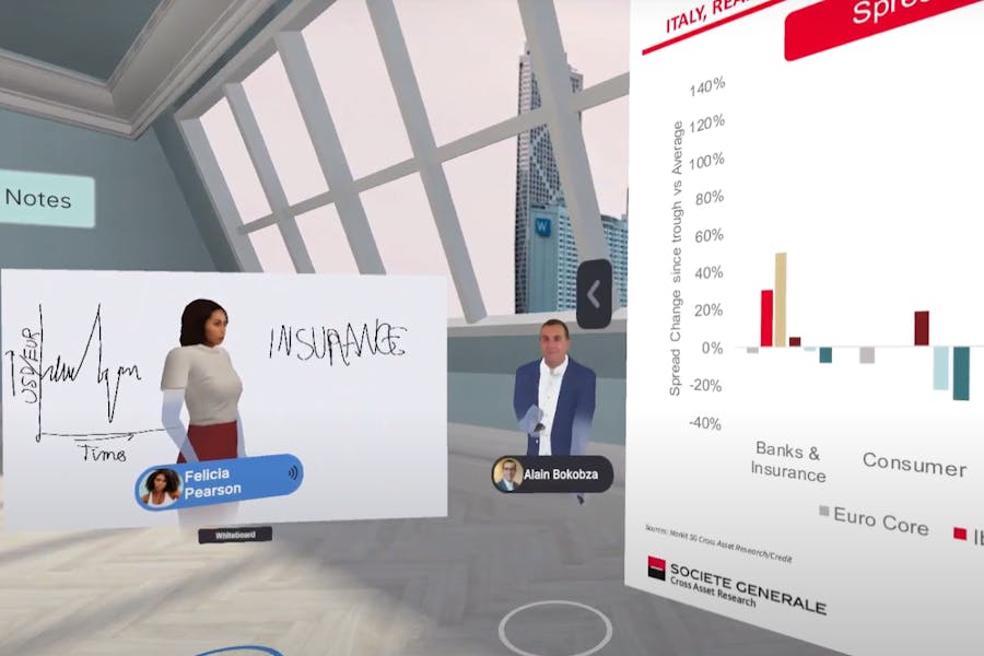 Avatars of a client and an analyst reviewing a presentation in Arthur VR meeting room
