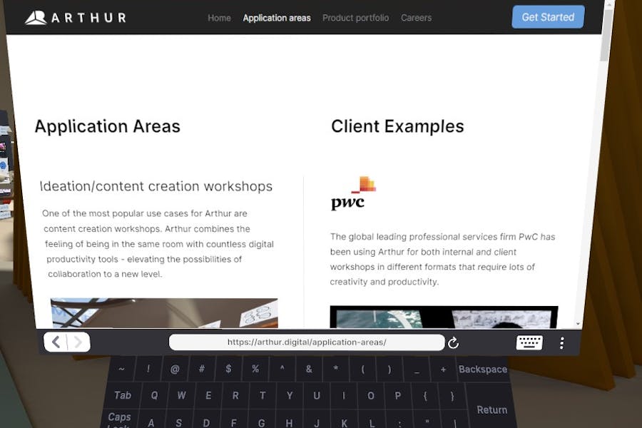 Browser page opened during a meeting in vr with the vr application areas. These areas show that Arthur is among companies that work remote providing remote work benefits.