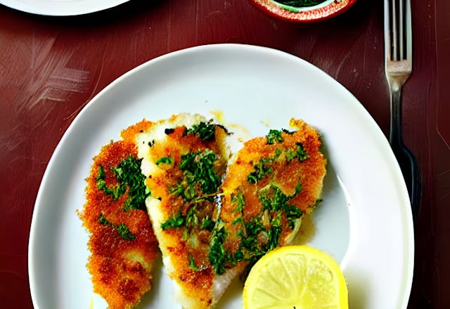 pan fried crusted tilapia fillets sprinkled with lemon and herbs and a serving of fresh lemon cut in half, placed neatly on a white plate