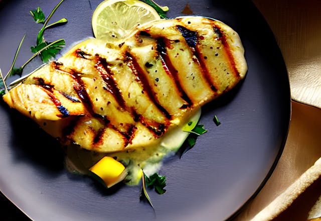 grilled tilapia recipe with light tumeric sauce, arugula, and freshly squeezed lemon or lime on a black modern plate