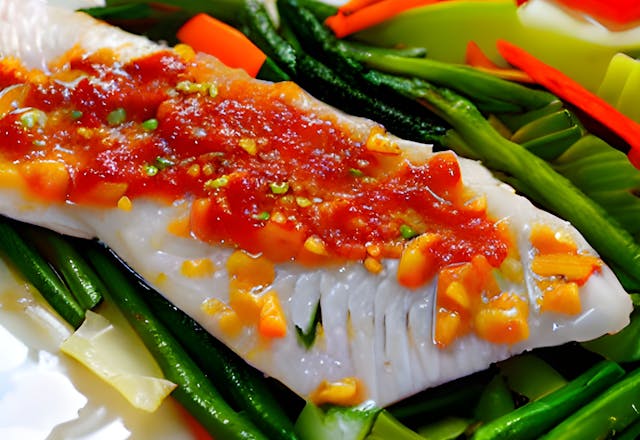 steamed tilapia fillet covered with a spicy homemade chilli, served on a bed of veggies