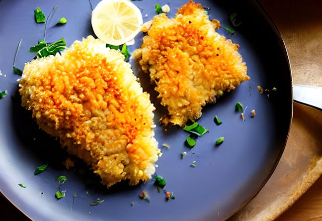panko crusted baked fillets of tilapia with lemon slices and herbs sprinkled around on a black plate