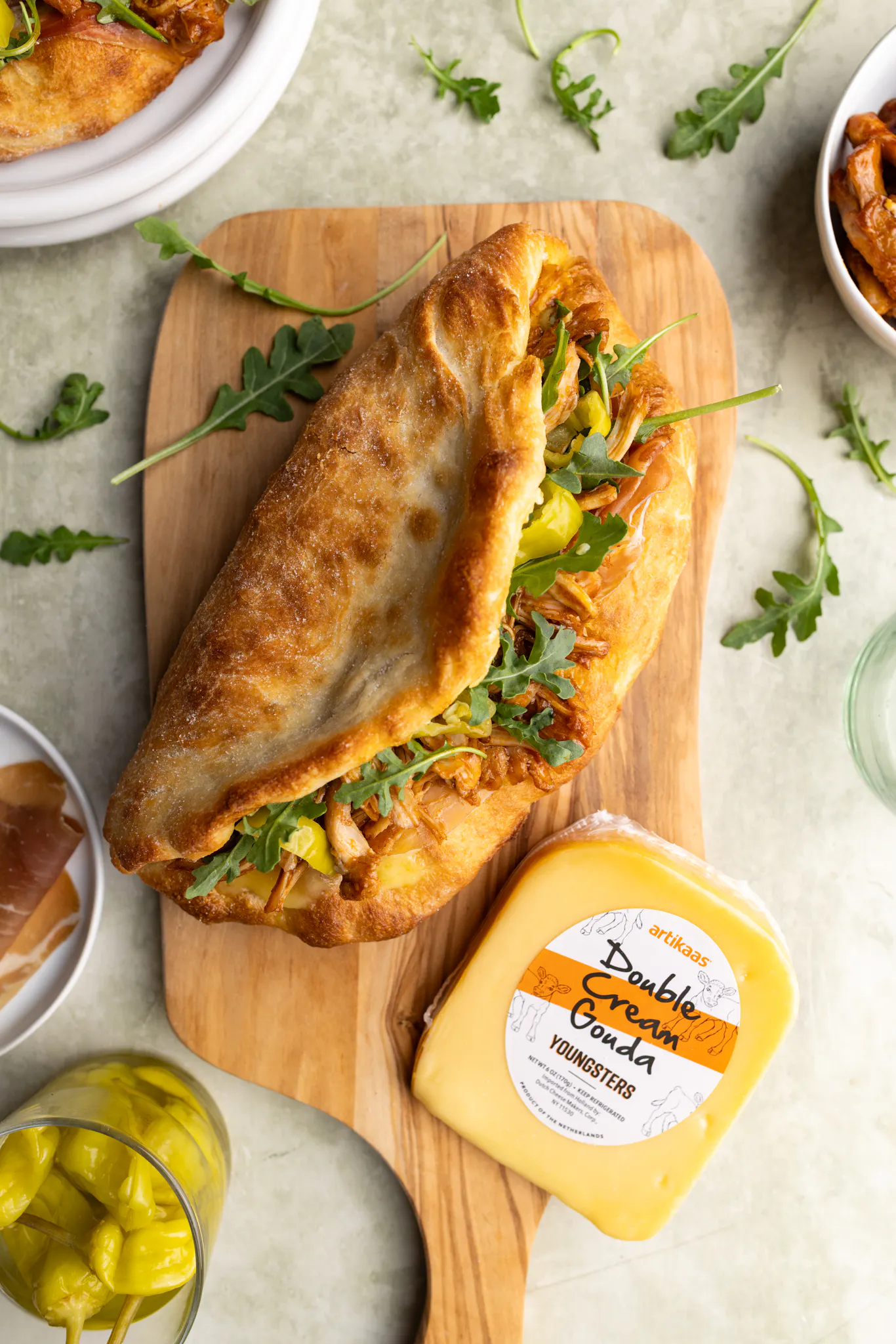 bbq chicken pizza sandwich with double cream gouda