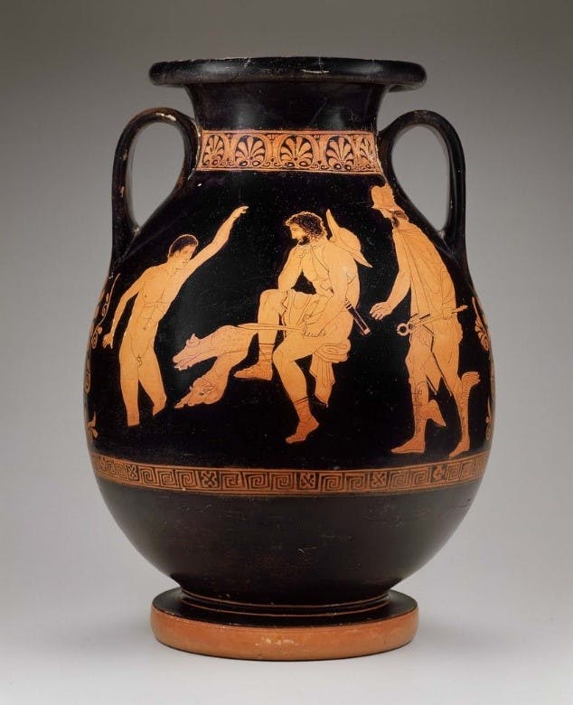 Figure 5. Attributed to the Lykaon Painter, Jar (pelike) with Odysseus and Elpenor in the Underworld, c. 440 BCE, ceramic, 47.4 cm x 34.3 cm, Museum of Fine Arts, Boston.