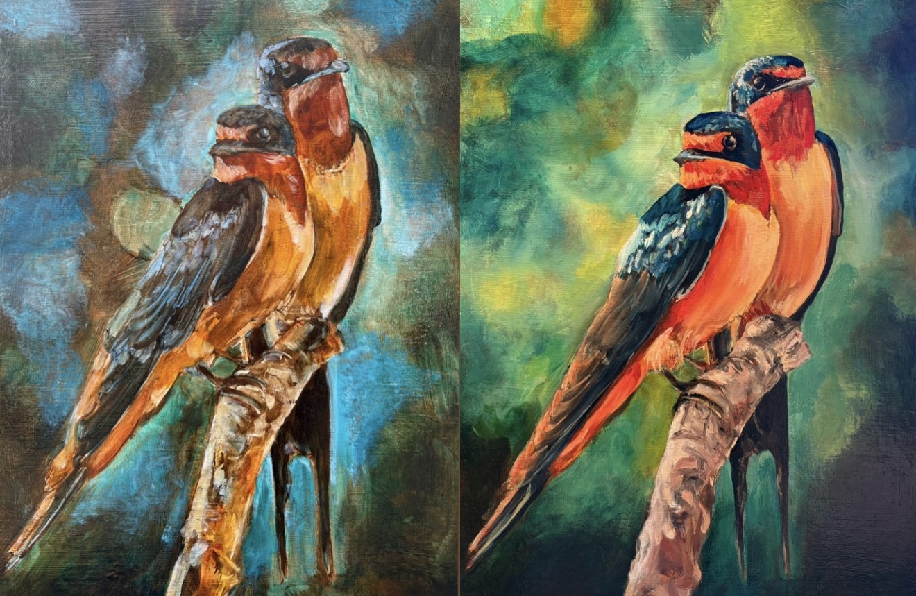 two paintings of birds side by side