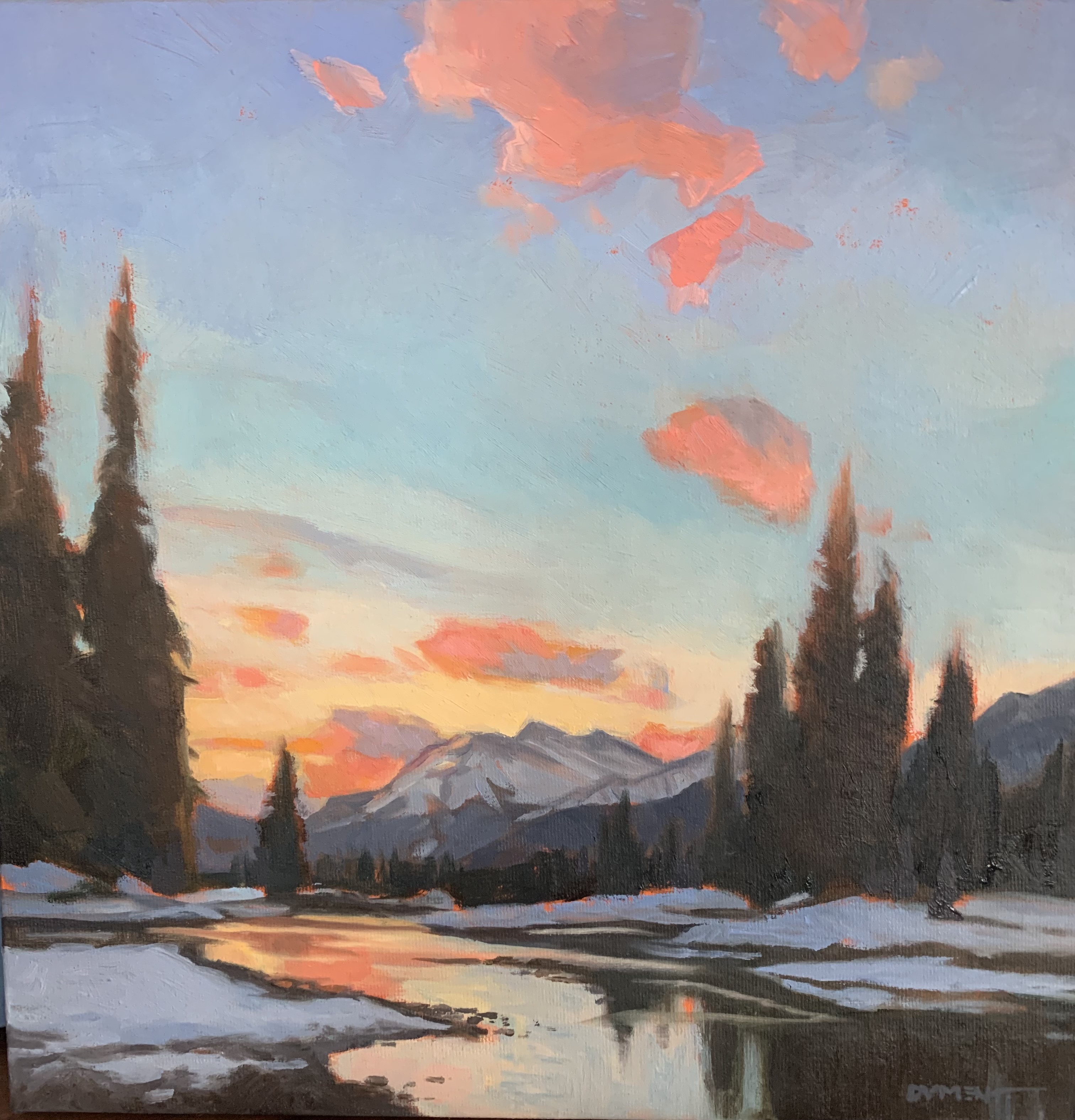 painting of a river and mountain view