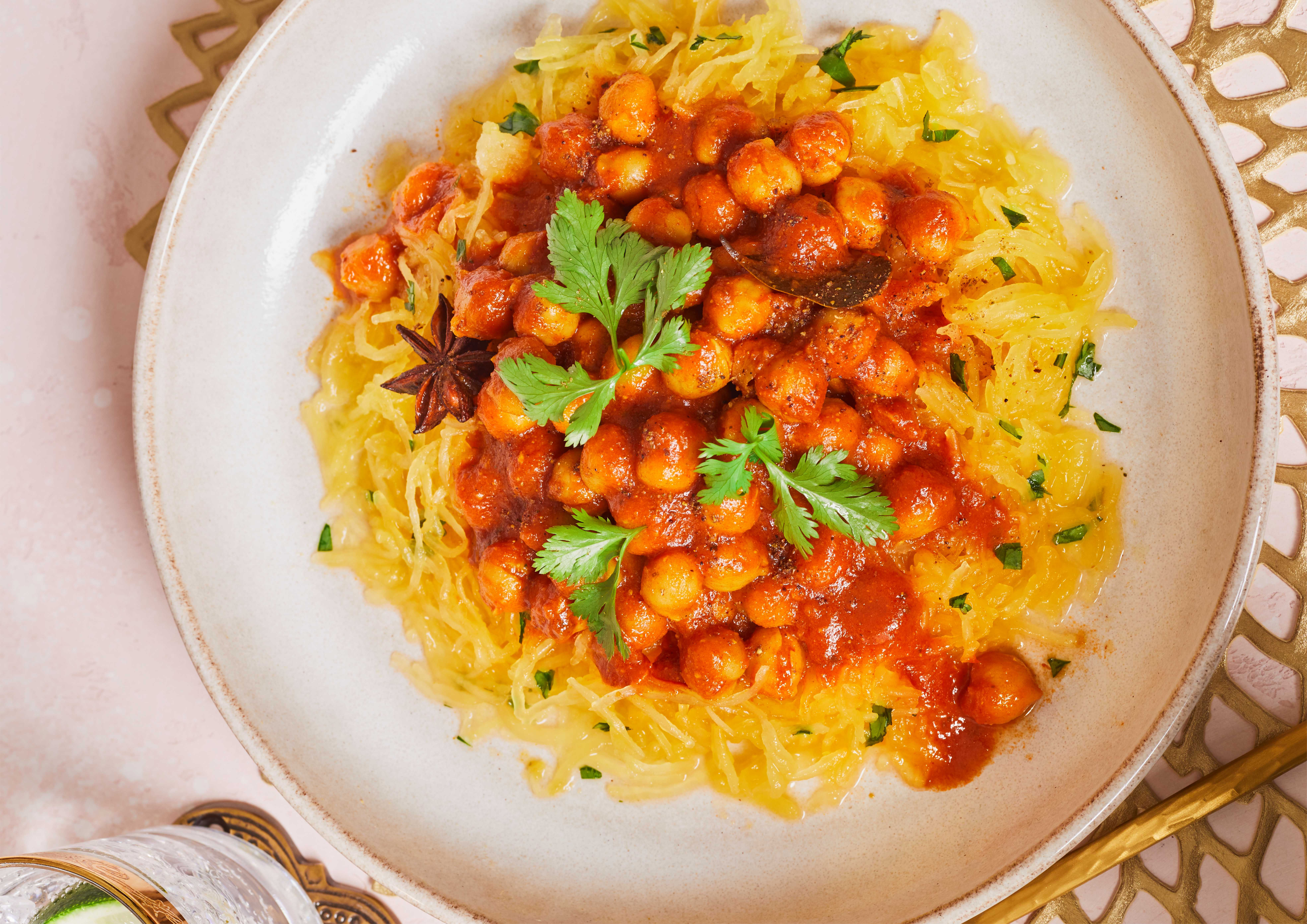Pantry Channa Masala on a bed of spaghetti squash