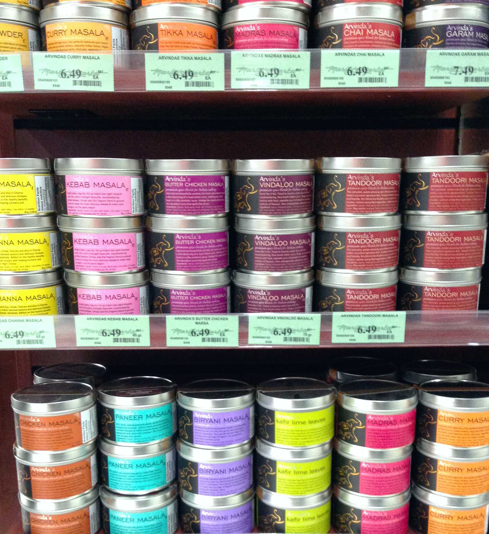 A variety of Arvinda's masalas displayed at a store