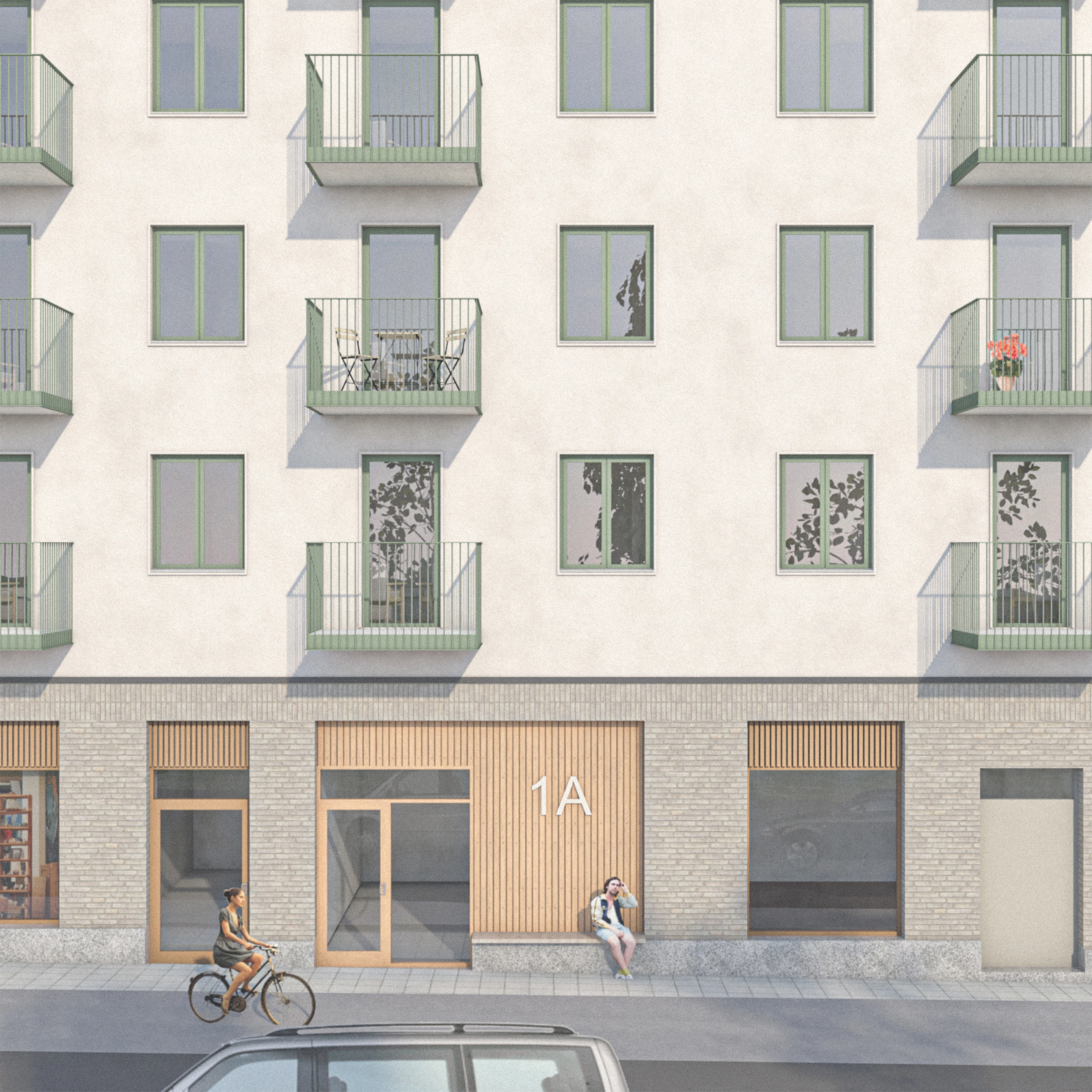 Fasadutsnitt av Hälsovägen som visar gestaltningen av det arkitektritade bostadskvarteret med bostäder och lokaler i gatuplanet.