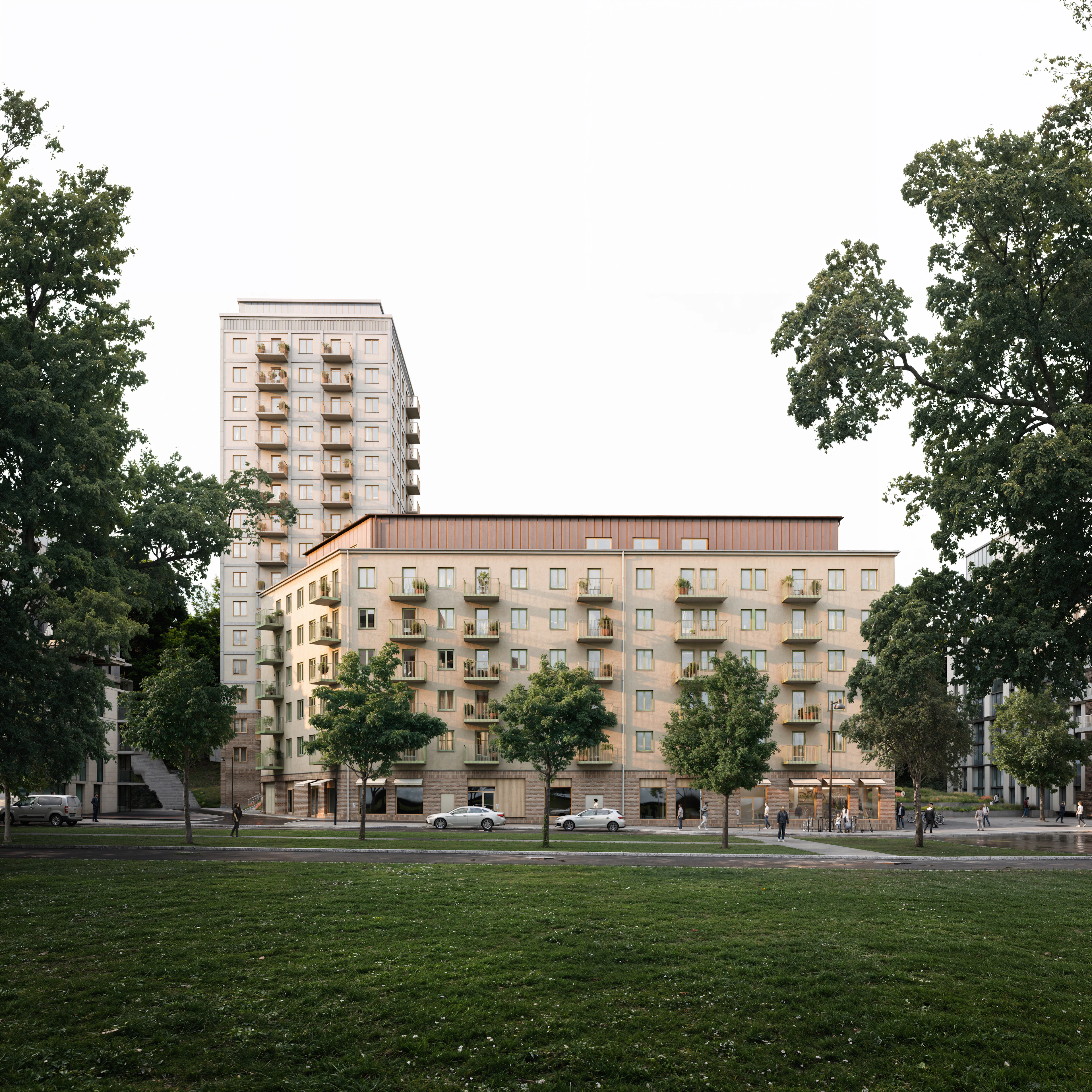 Visualisering av Hälsovägen – arkitektritat bostadskvarter med 150 lägenheter, lokaler och två byggnader i olika skala.
