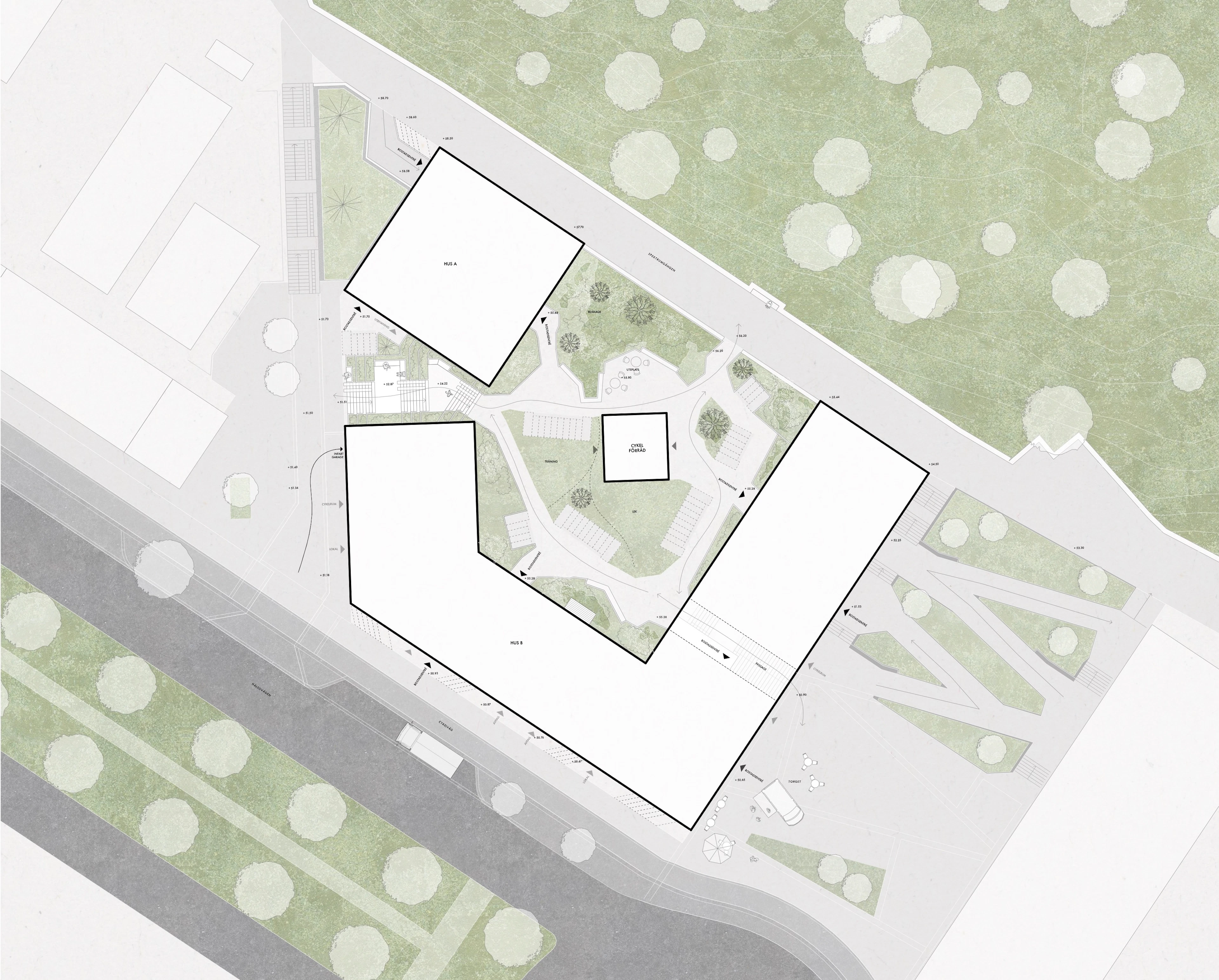 Situationsplan för Hälsovägen som visar ett nytt bostadskvarter med flerbostadshus, stadsgata, torg och angränsande bergbrant.
