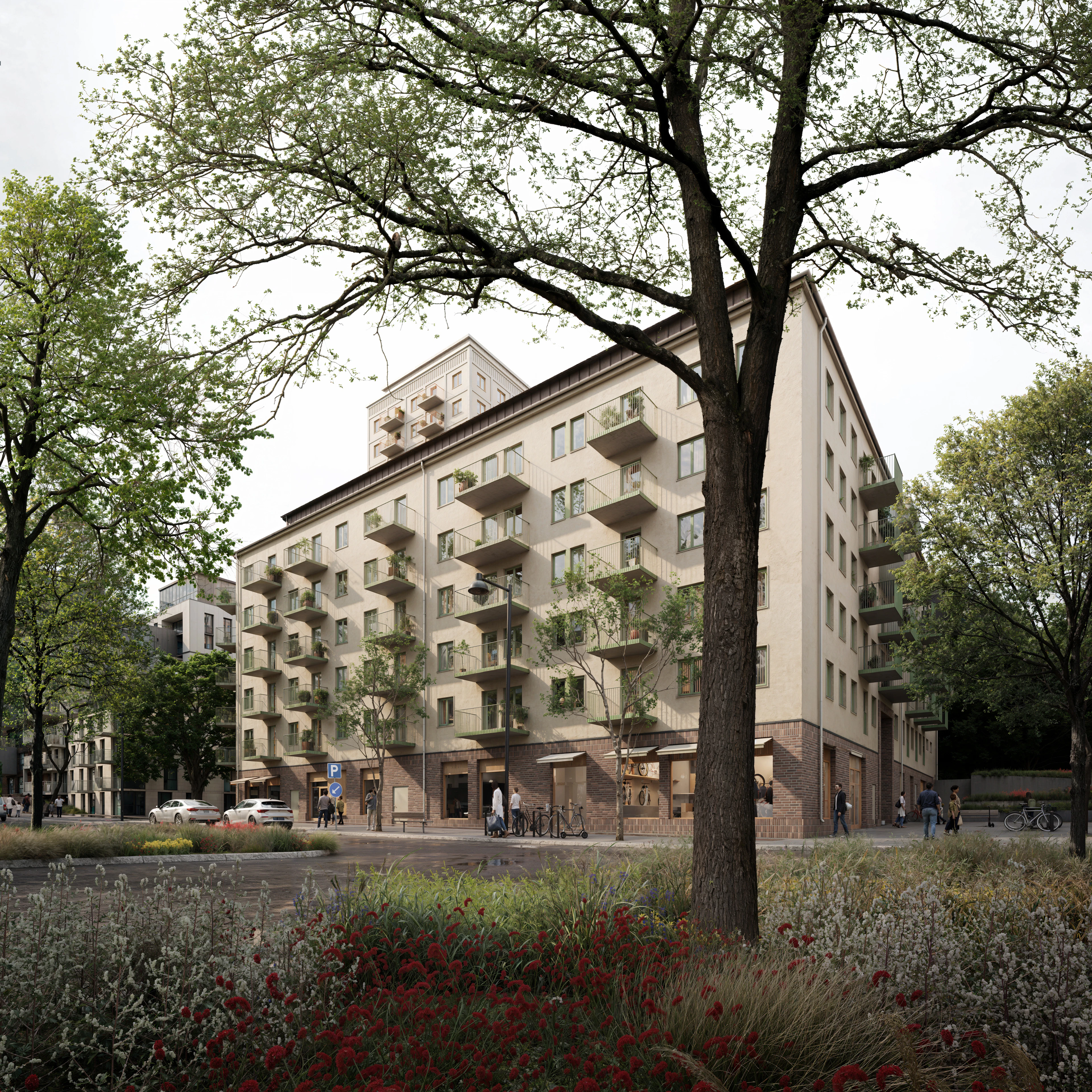 Rendering av Hälsovägen med bostäder, lokaler och butiker i bottenvåningen mot den aktiva stadsgatan och torget.