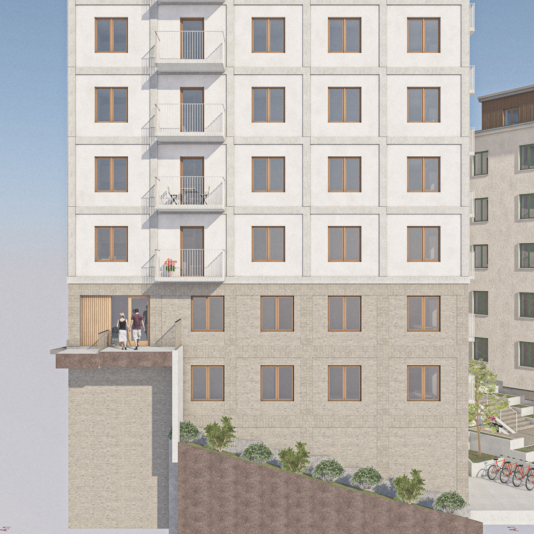 Fasadutsnitt för Hälsovägen som visar arkitekturen och skalan i ett nytt bostadsprojekt med bostäder och stadsmässiga kvaliteter.