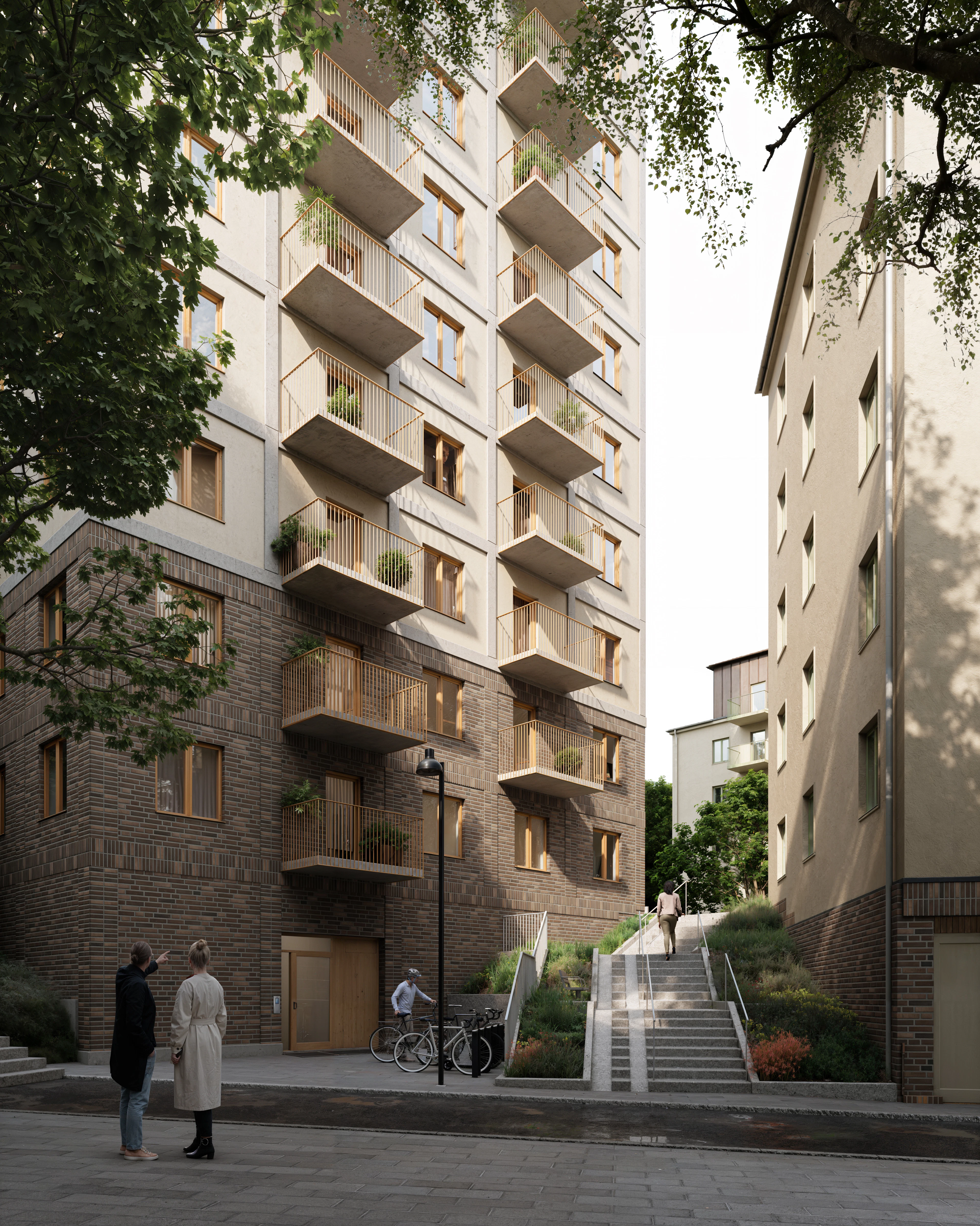 Arkitektritad visualisering av Hälsovägen med ett 17 våningar högt punkthus och bostadskvarter i samspel med den trädbeklädda bergbranten.