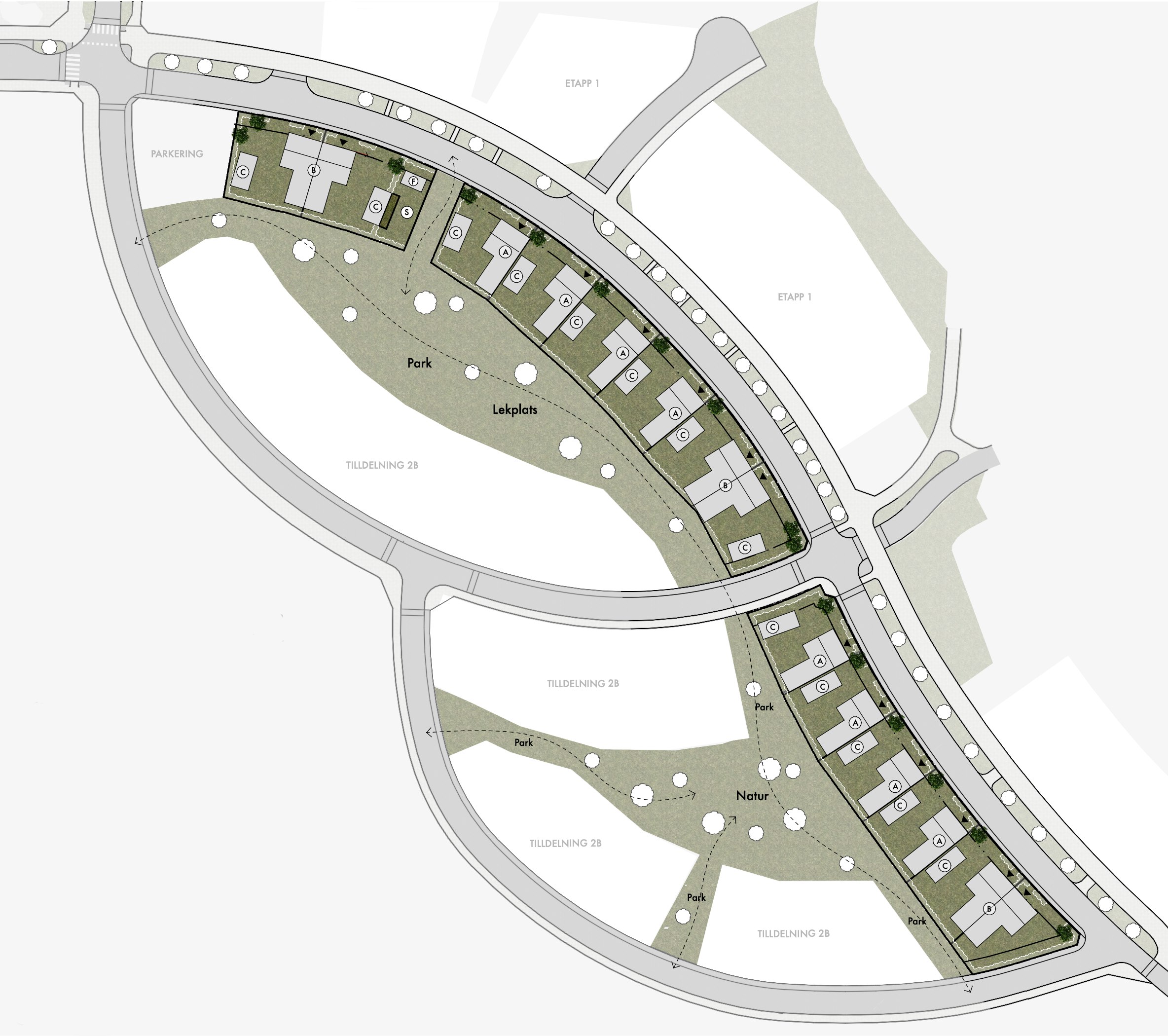 Situationsplan över bostadsområde Vallhusen Hjulsbro i Linköping ritat av arkitektkontor Ascape Arkitektur