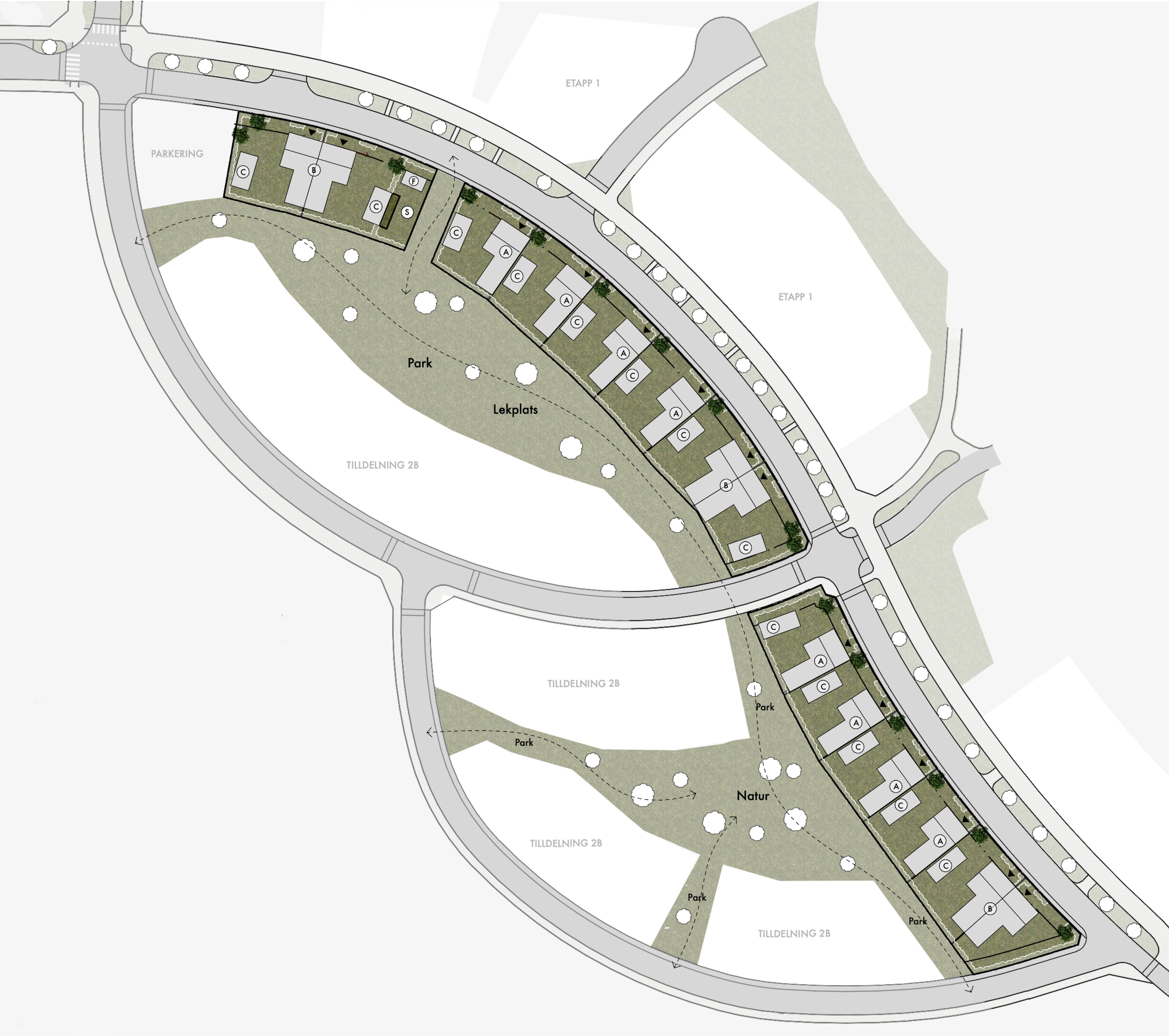 Situationsplan över bostadsområde Vallhusen Hjulsbro i Linköping ritat av arkitektkontor Ascape Arkitektur