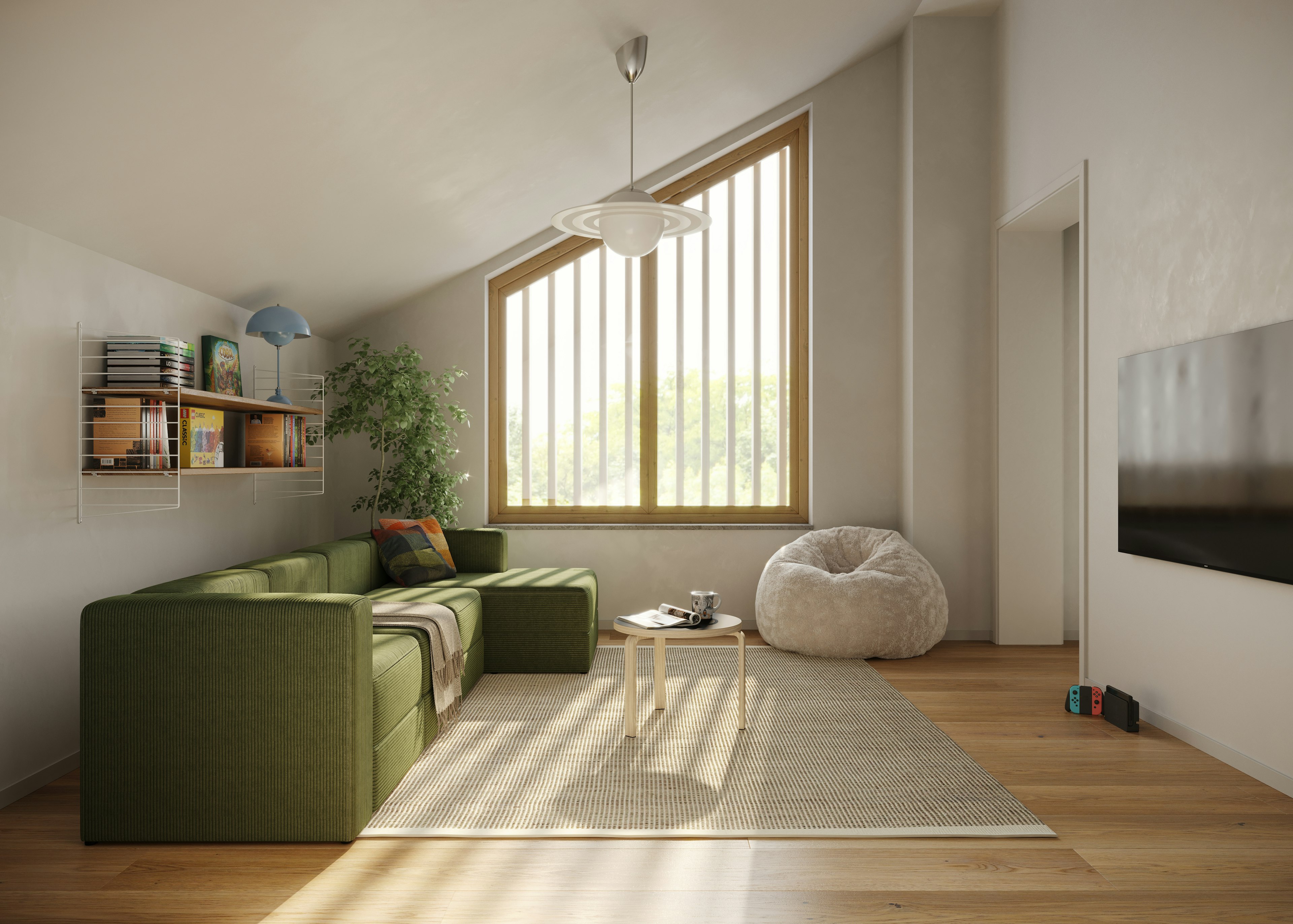 Interiör vy allrum - arkitektritade bostäder Vallhusen Hjulsbro ritade av arkitekt Stockholm Ascape Arkitektur