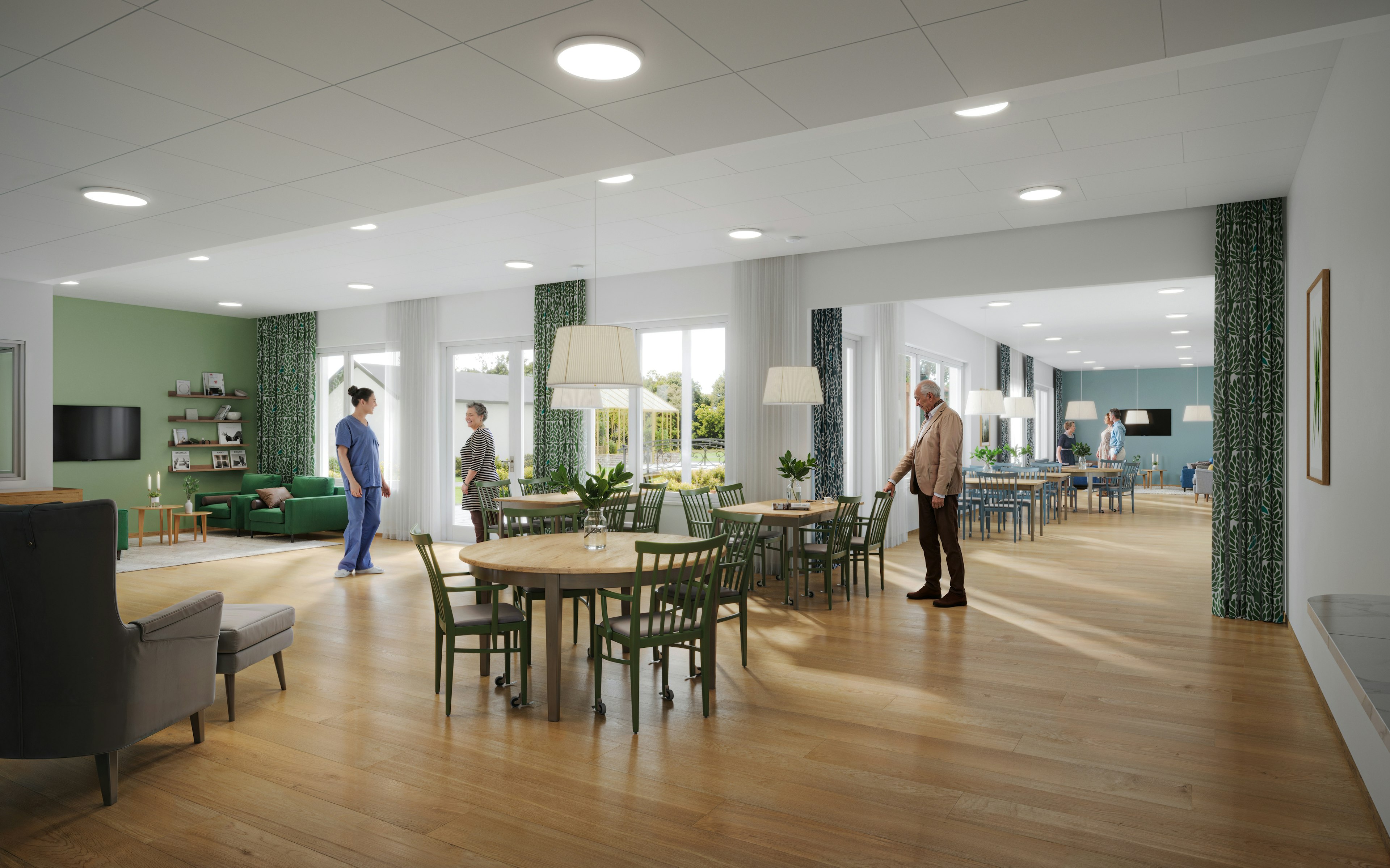 Interiör bild av matplats och vardagsrum i arkitekt ritade äldreboendet Villa Svedala i Skåne