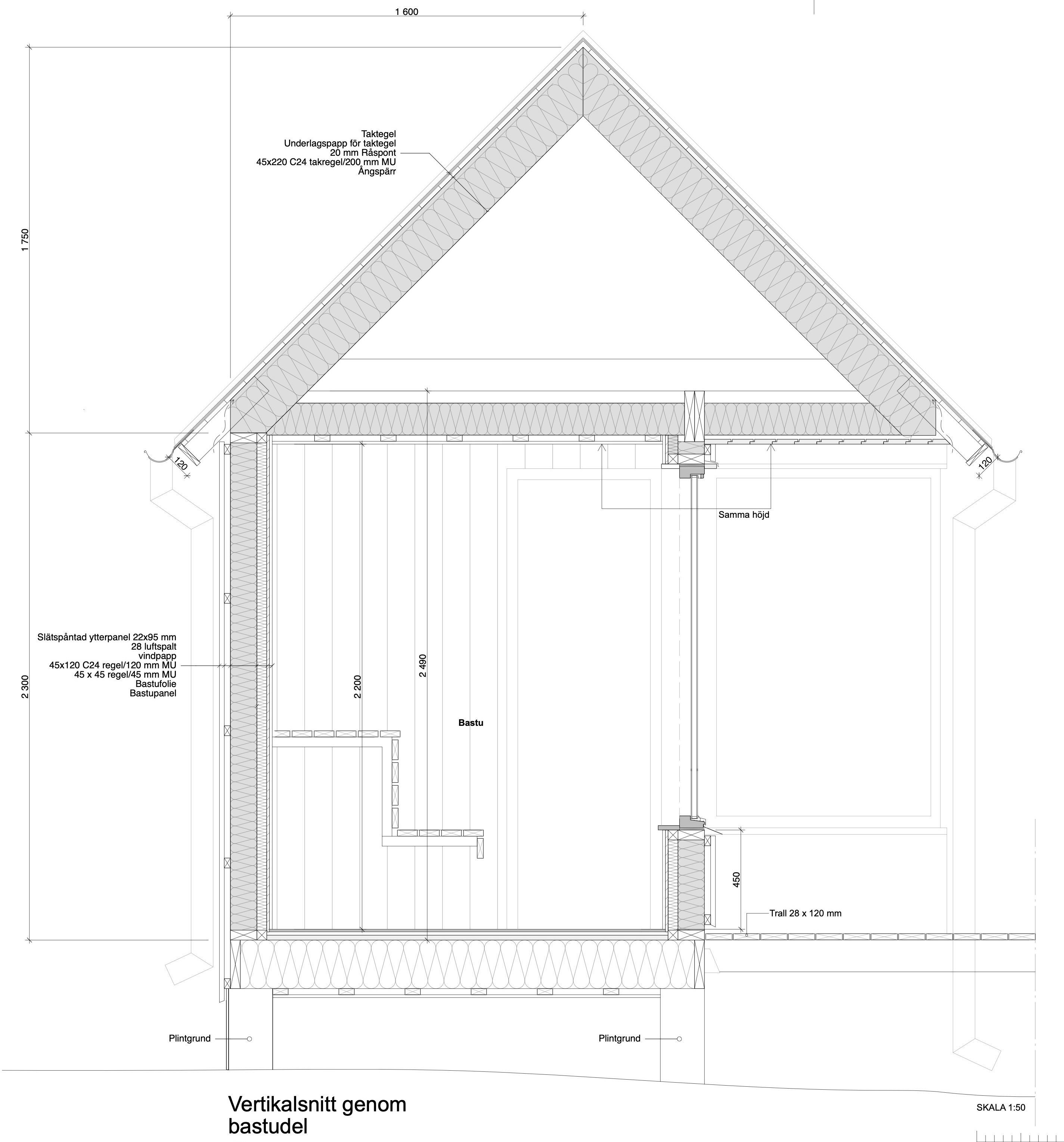 Konstruktivt snitt av bastu ritat av arkitektkontor Ascape Arkitektur.