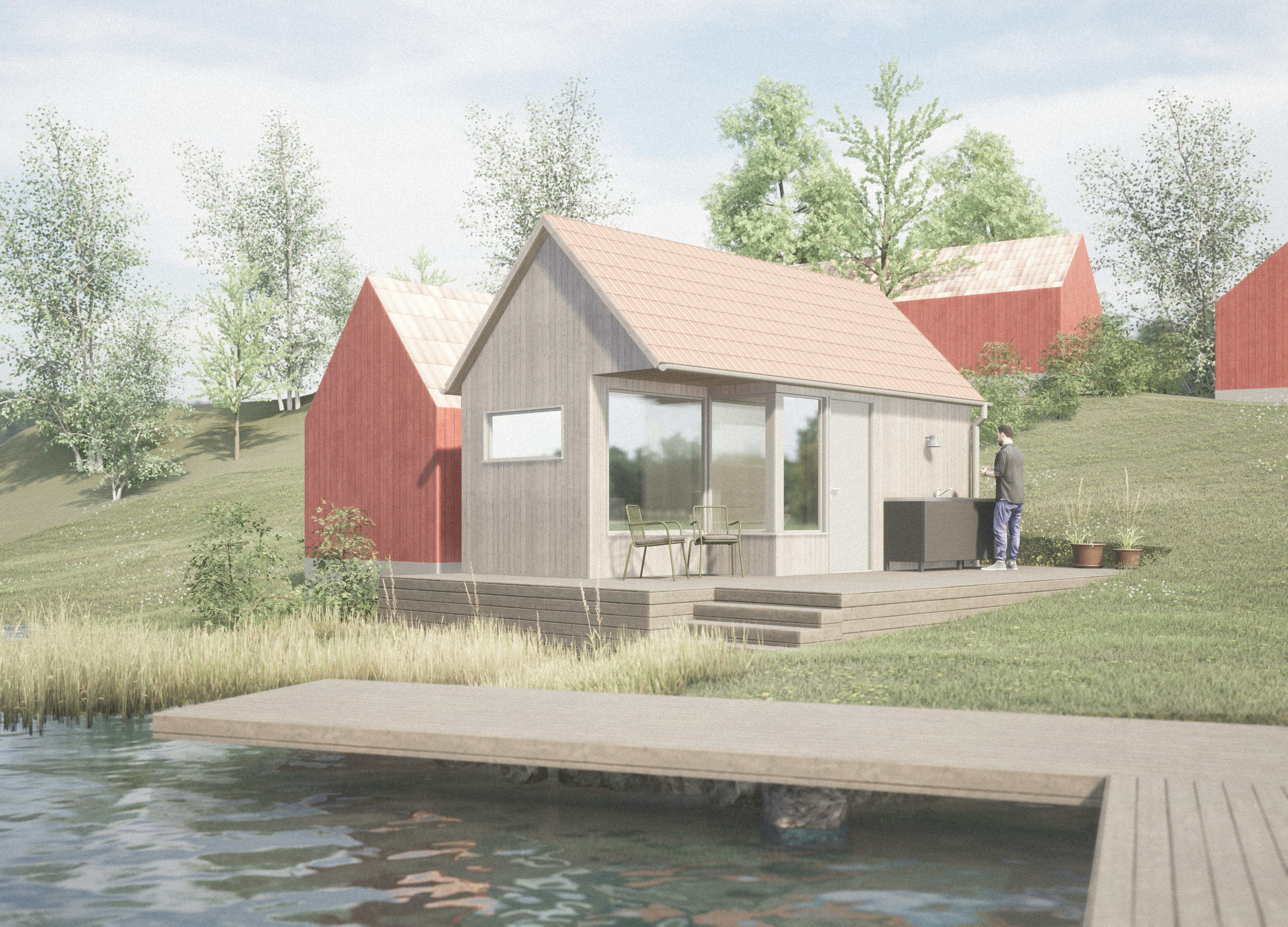 Rendering av bastu ritad av arkitektbyrå Ascape Arkitektur – modernt arkitektritat hus i trä.