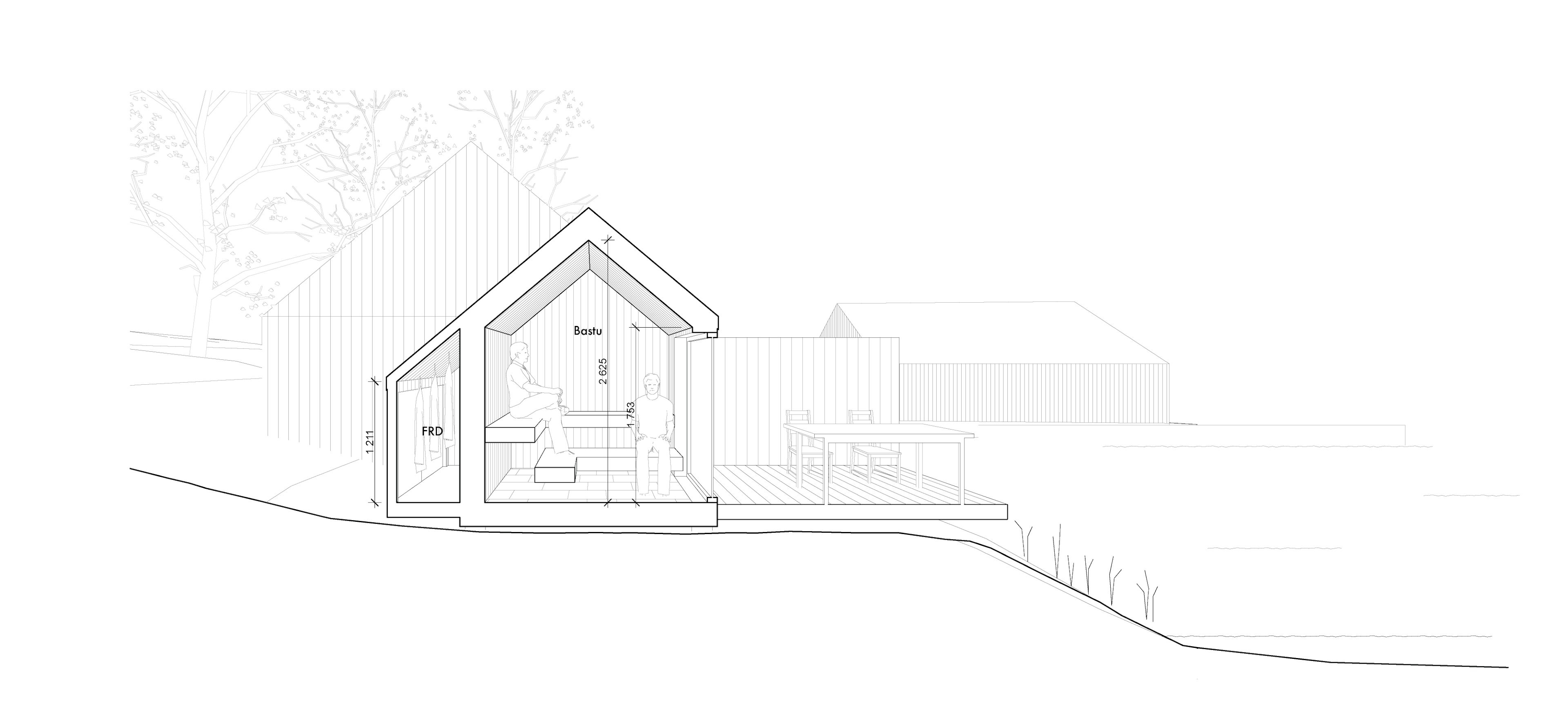 Sektion av bastu ritad av arkitektkontor Ascape Arkitektur – arkitektritat hus i skärgårdsmiljö.