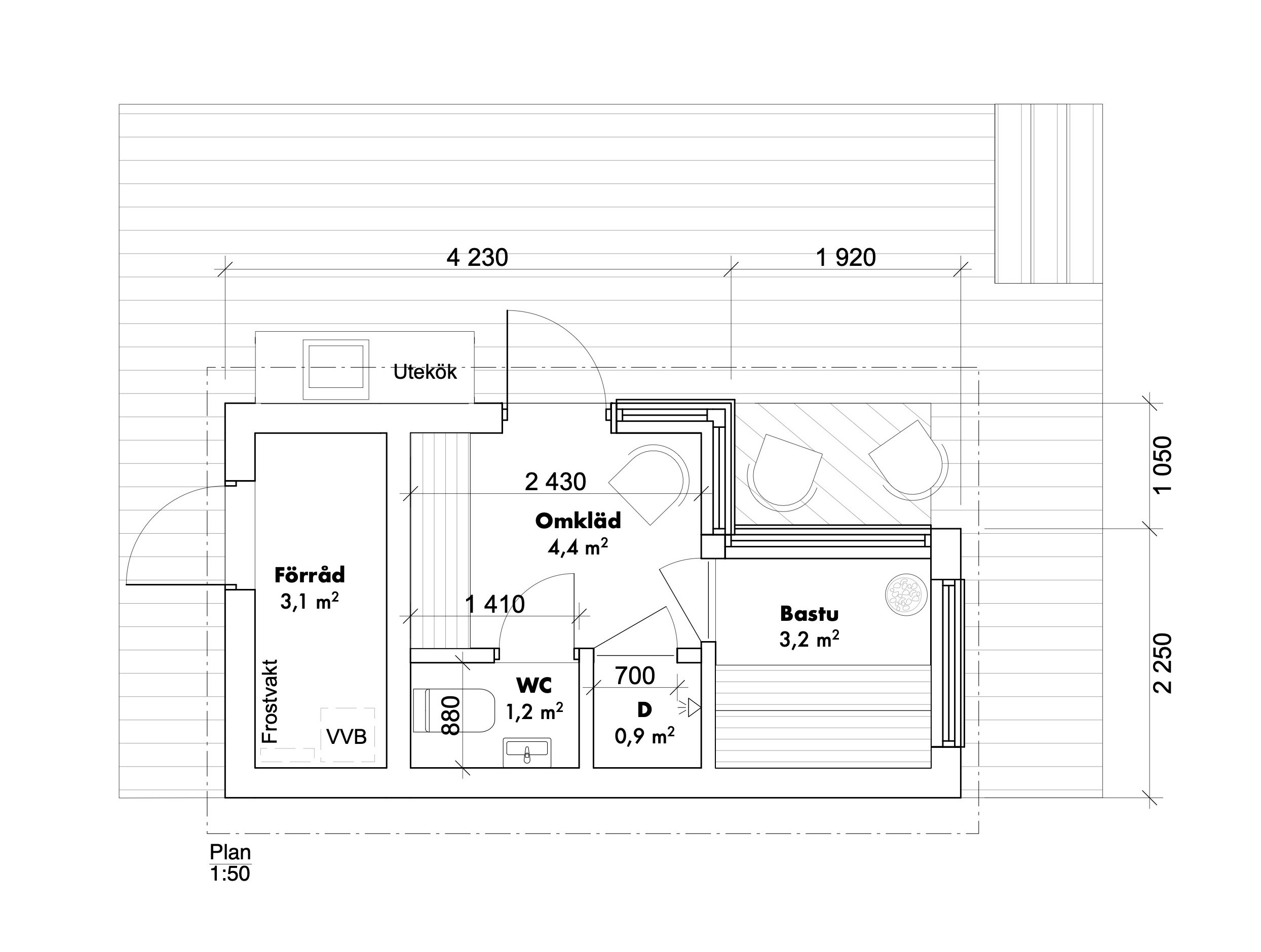 Planritning för bastu ritad av arkitekt Stockholm – Ascape Arkitektur.