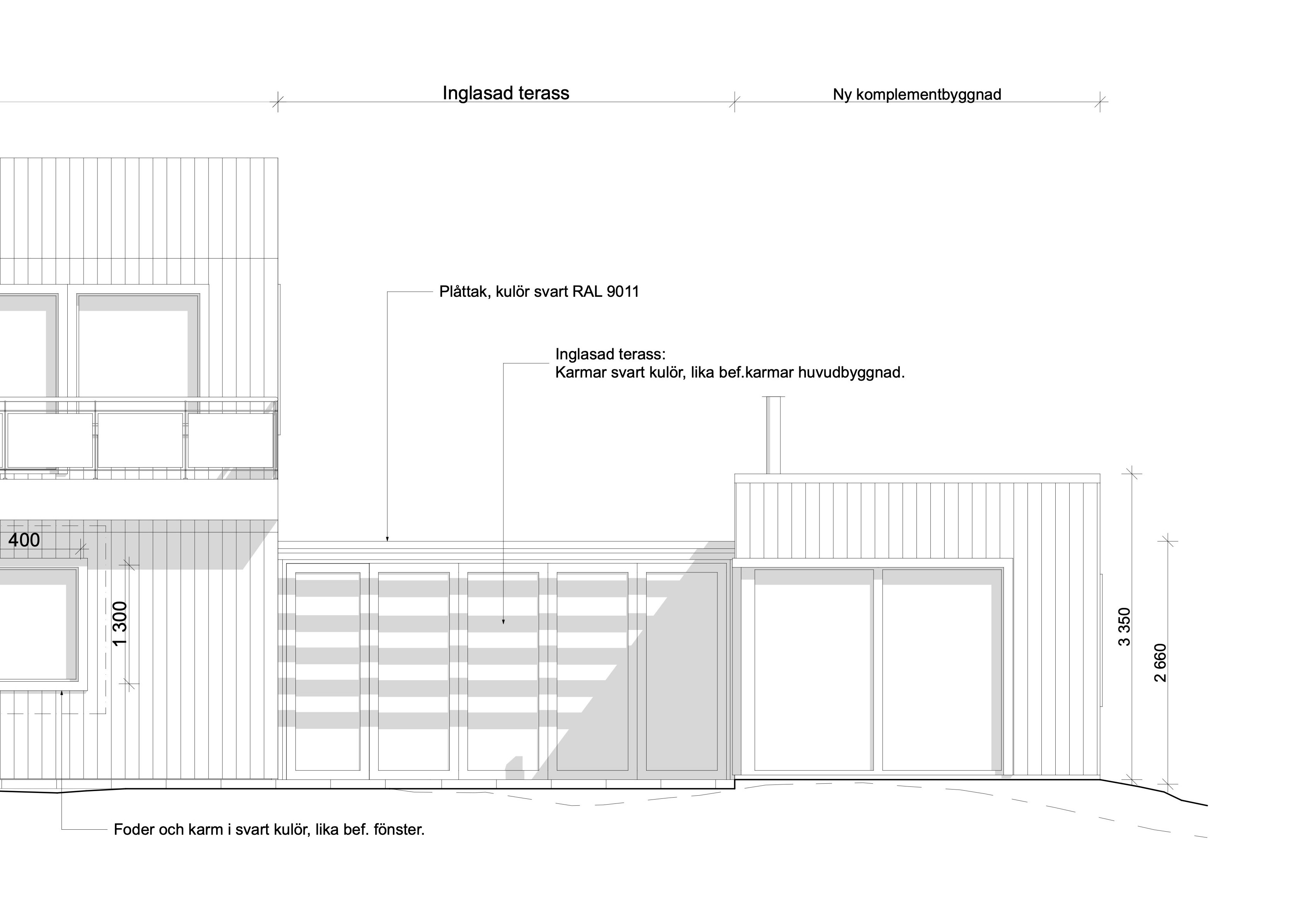 Fasadritning som visar villatillbyggnad, arkitekt ritade hus.