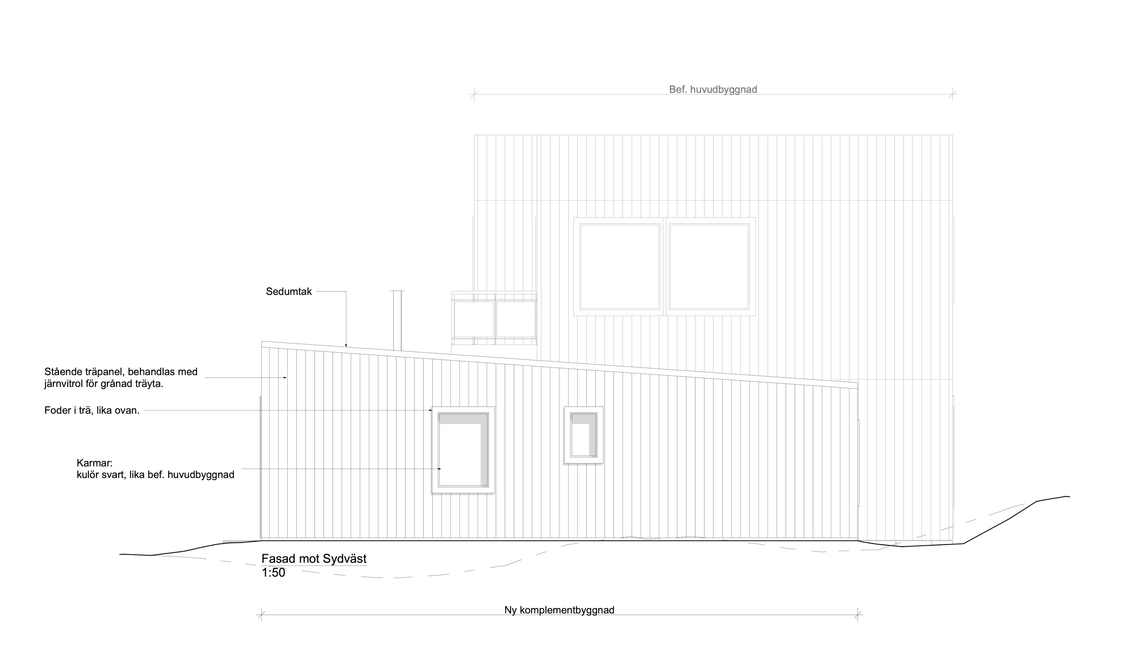 Ritning som visar gästhus, en arkitekt ritad tillbyggnad med modern träarkitektur.
