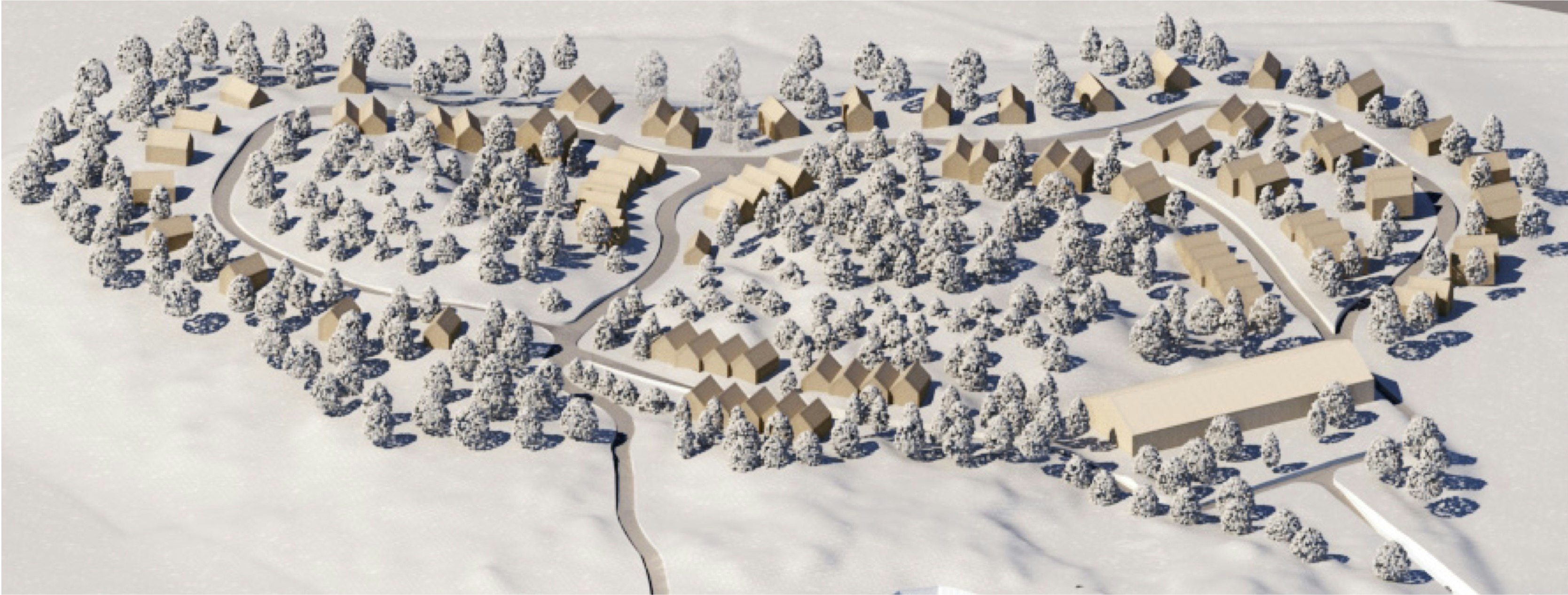 Flygvy över Hästbyn vid Valsta Säteri i Haninge, bostadsprojekt ritat av arkitektkontor Ascape Arkitektur.