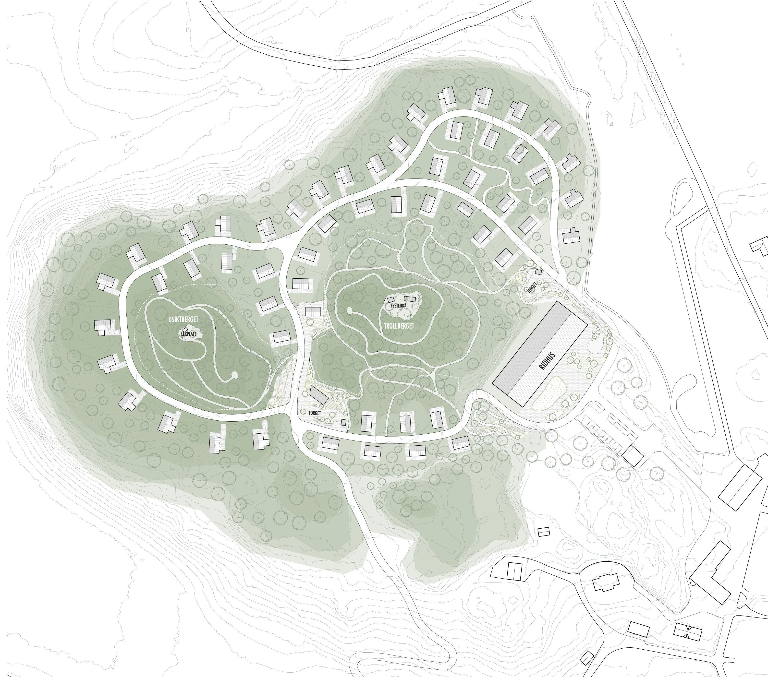 Situationsplan för Hästbyn vid Valsta Säteri, bostadsprojekt med villor, parhus och radhus.