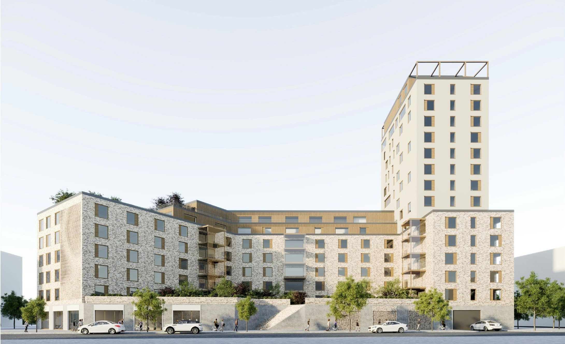 Arkitektritad visualisering av Östberga backe i Stockholm med takterrasser, grön gårdsmiljö och sociala mötesplatser.