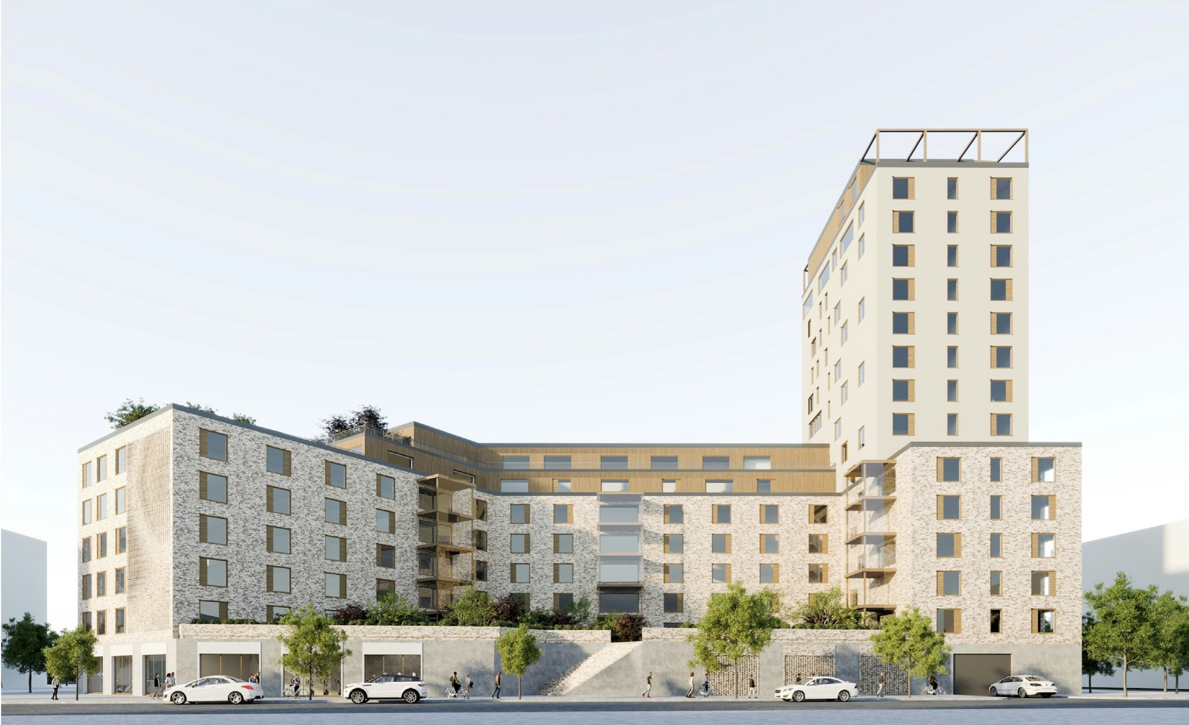 Arkitektritad visualisering av Östberga backe i Stockholm med takterrasser, grön gårdsmiljö och sociala mötesplatser.