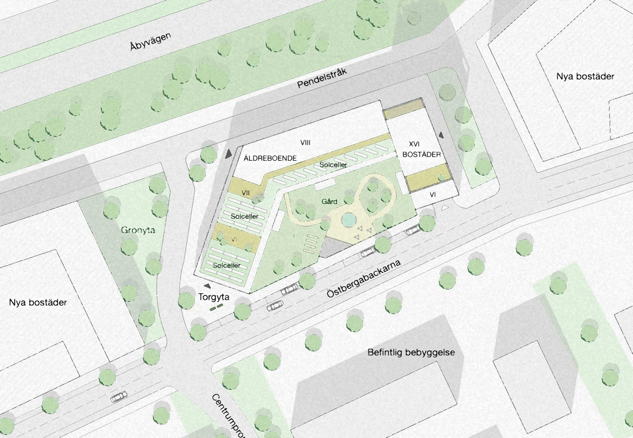 Situationsplan för Östberga backe i Stockholm som visar kvarterets struktur med bostäder, lokaler och gemensamma utemiljöer.