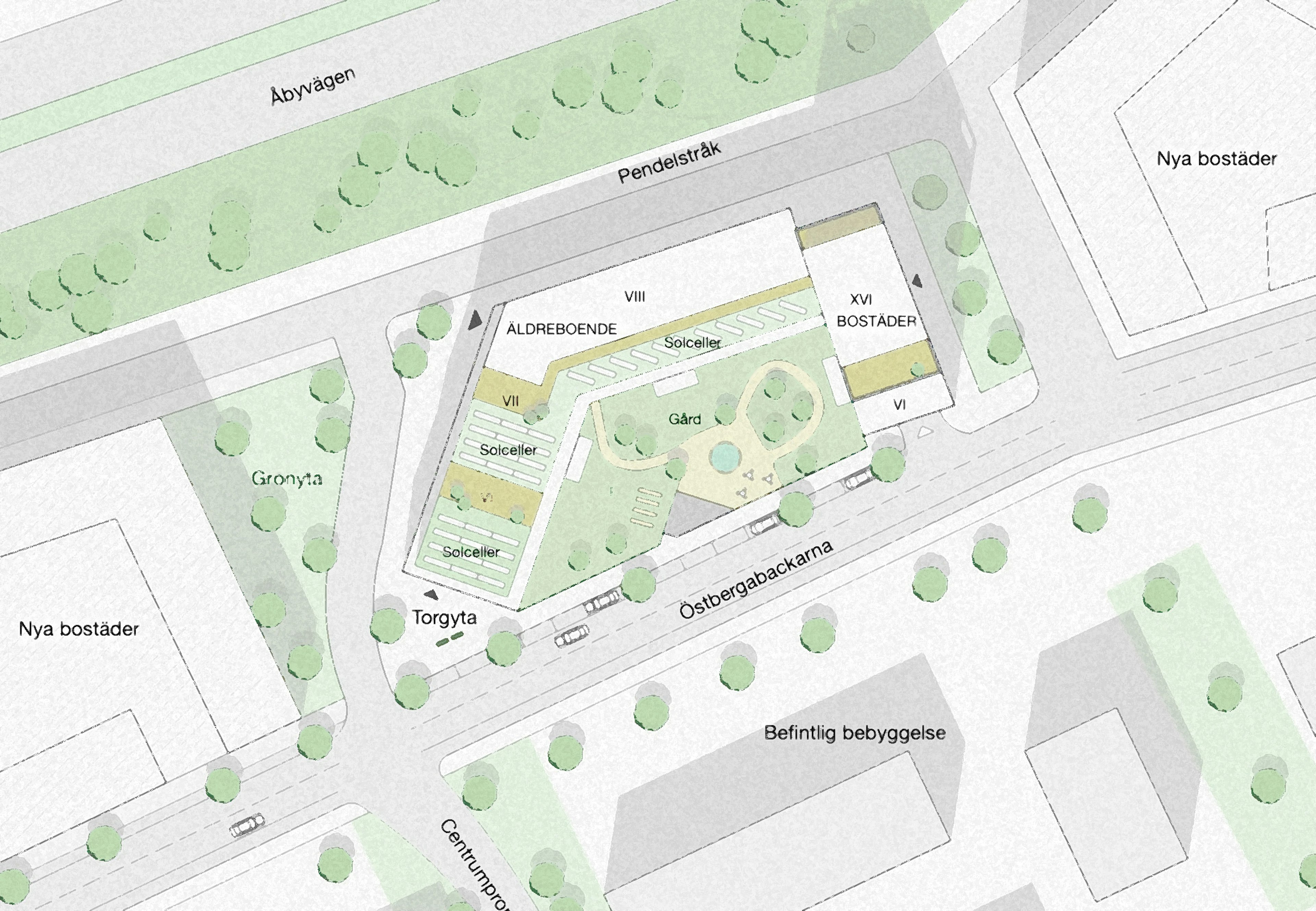 Situationsplan för Östberga backe i Stockholm som visar kvarterets struktur med bostäder, lokaler och gemensamma utemiljöer.