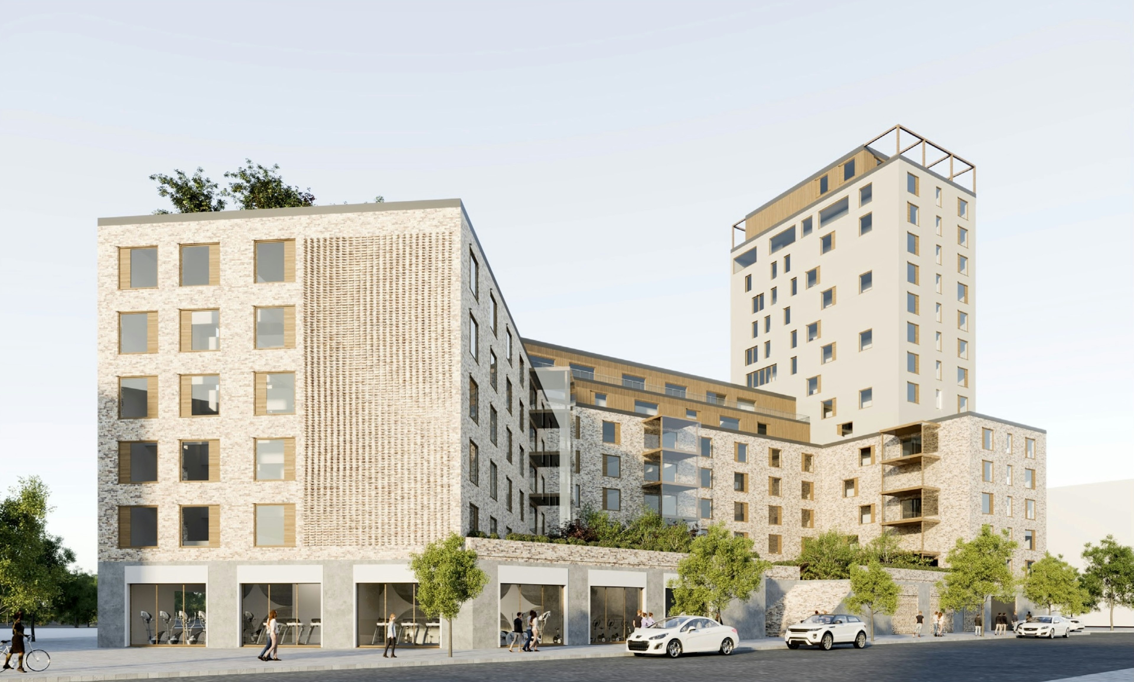 Visualisering av Östbergabacke i Stockholm – nytt kvarter med äldreboende, trygghetsboende och bostadsrätter.